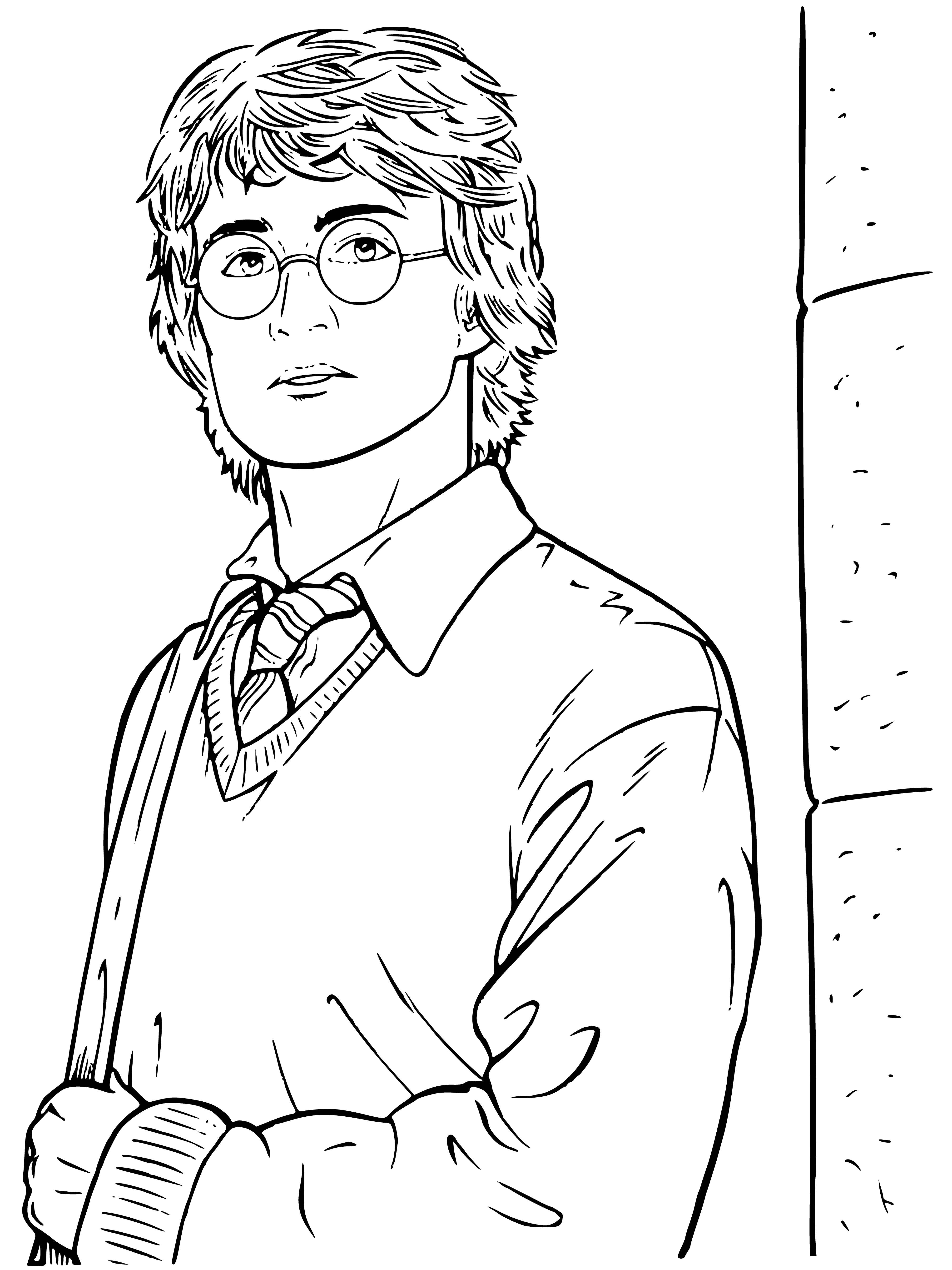 coloring page: Harry Potter, wearing a black robe and scar, wand outstretched, stands in a room with a door to the left and windows behind.