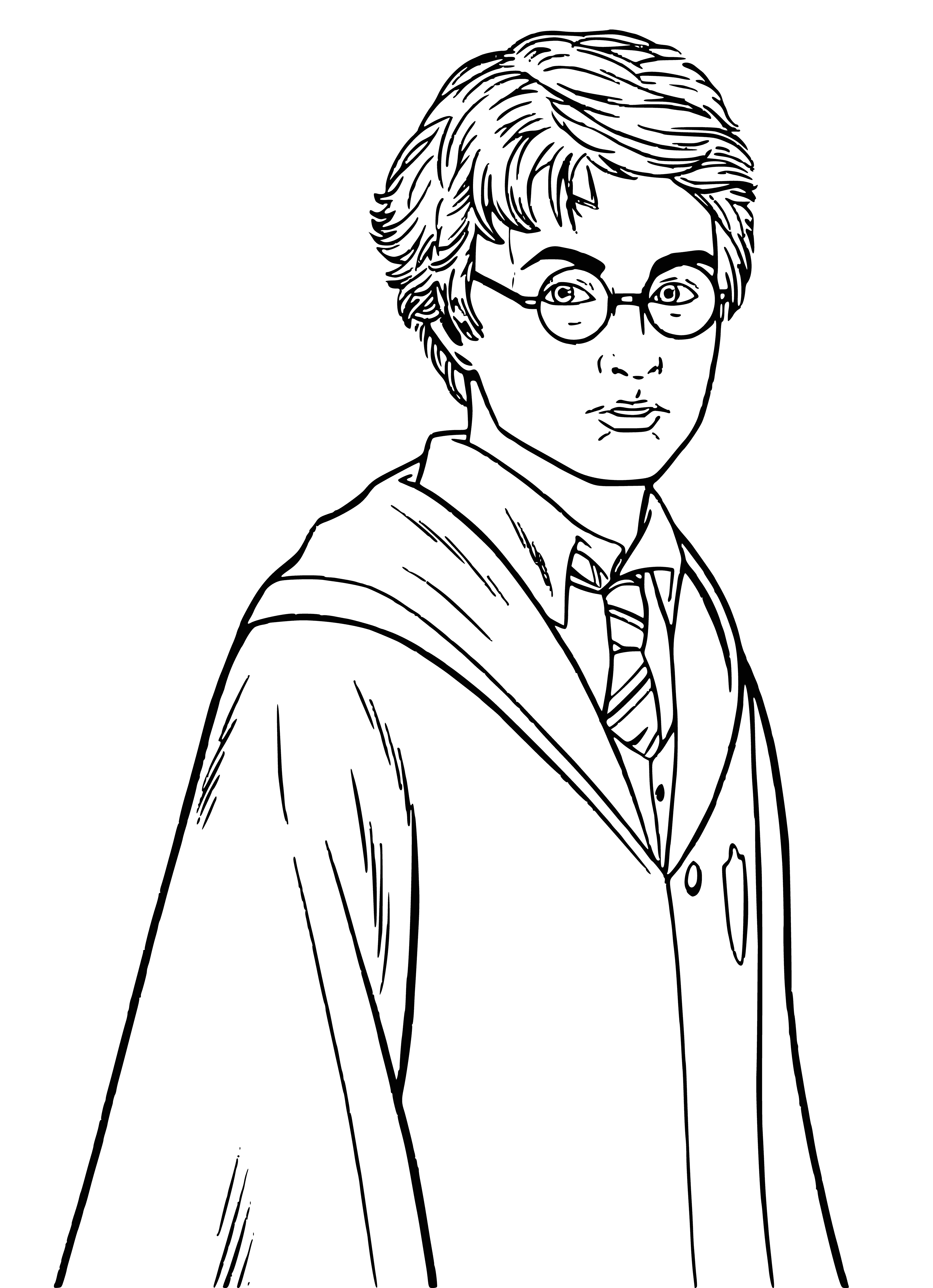 coloring page: A young wizard stands before a castle, wand raised, ready to take on the world. His unruly hair and lightning-shaped scar hint at tales of great adventure.