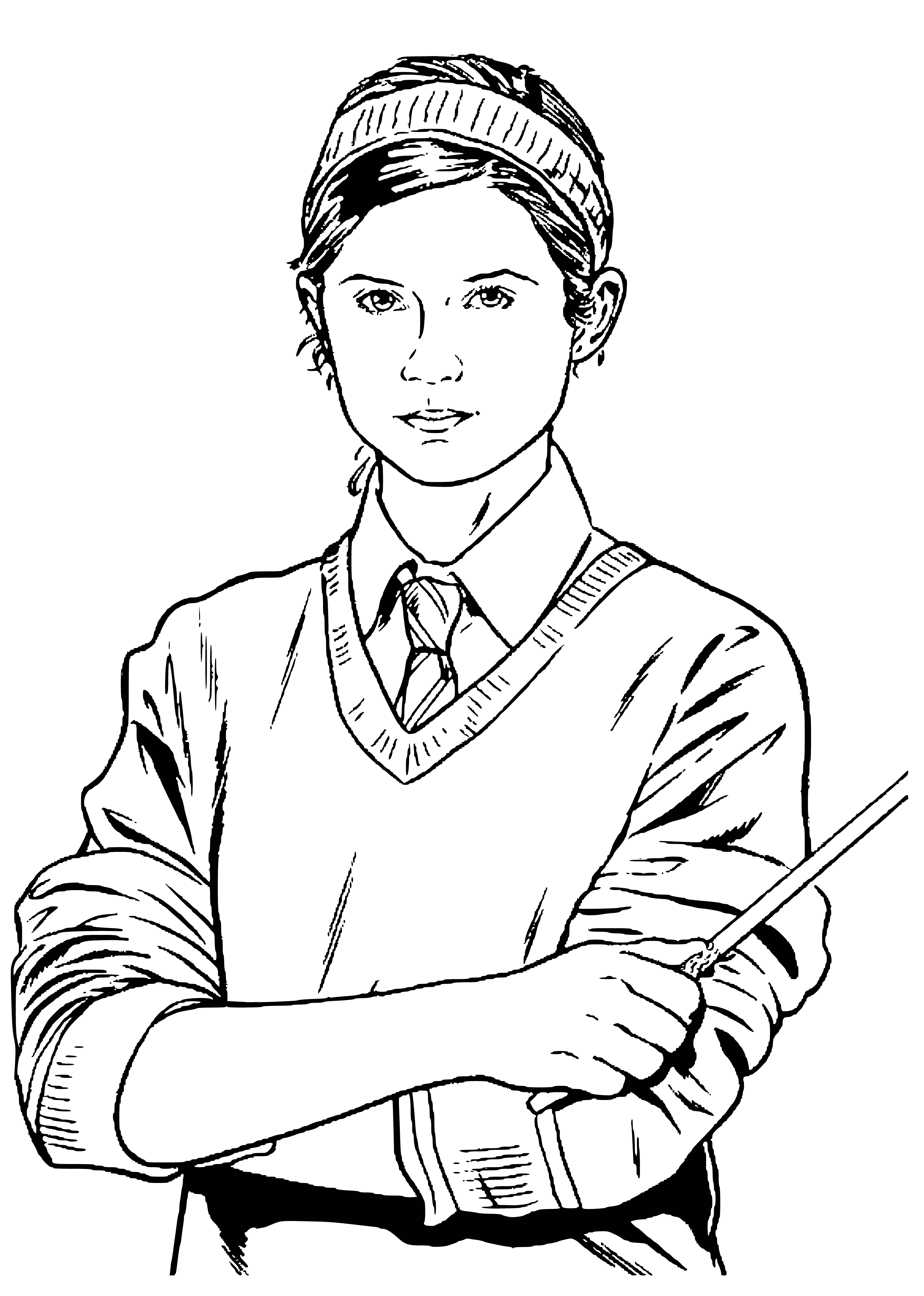 coloring page: Harry & Ginny look lovingly at each other. She holds a wand and wears a light blue robe; he wears black & gold. His hair is black & messy; her hair is red in a ponytail. #Hogwarts