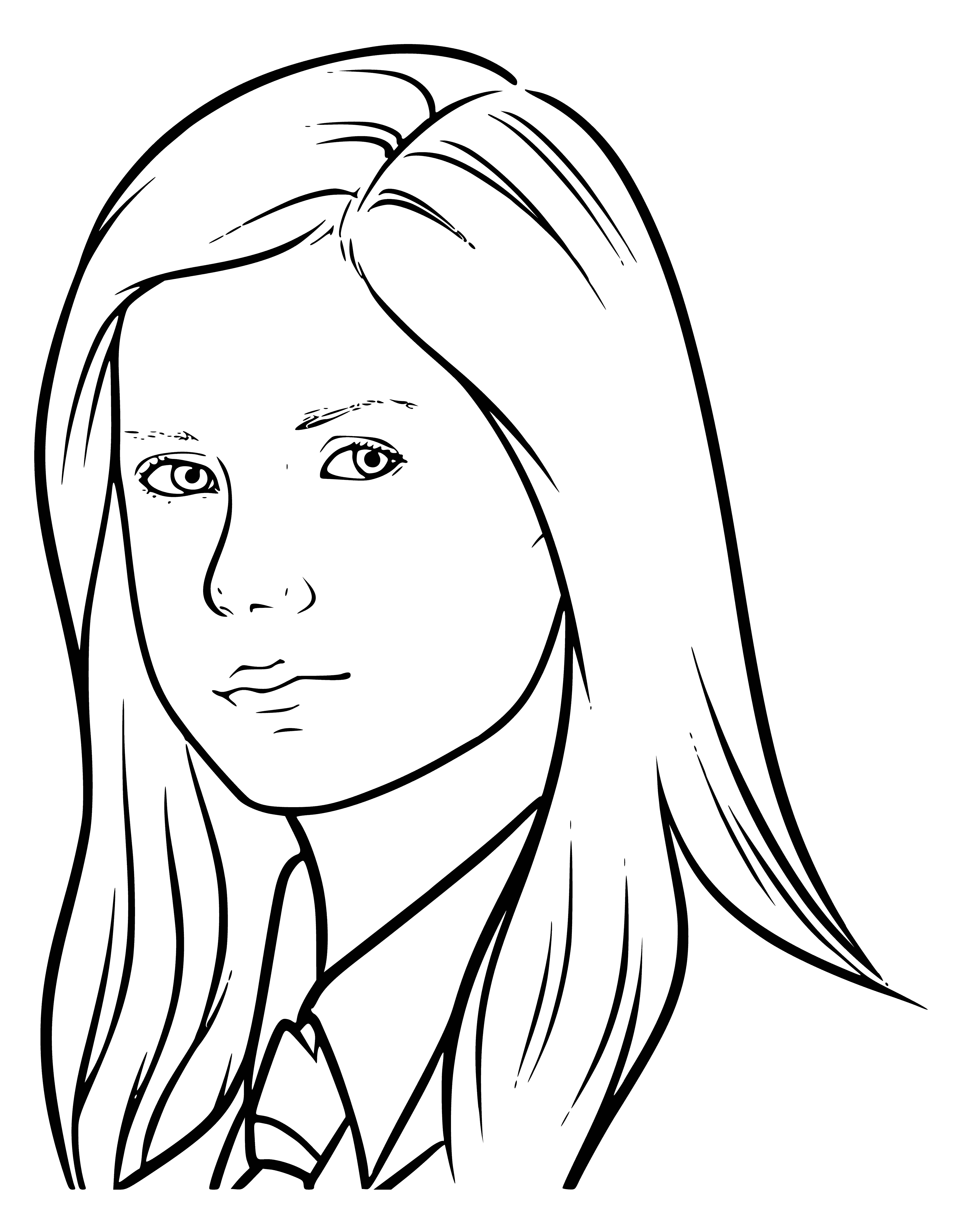 coloring page: Girl with long, red hair, bright green eyes & red shirt; looks to be around 13 years old.