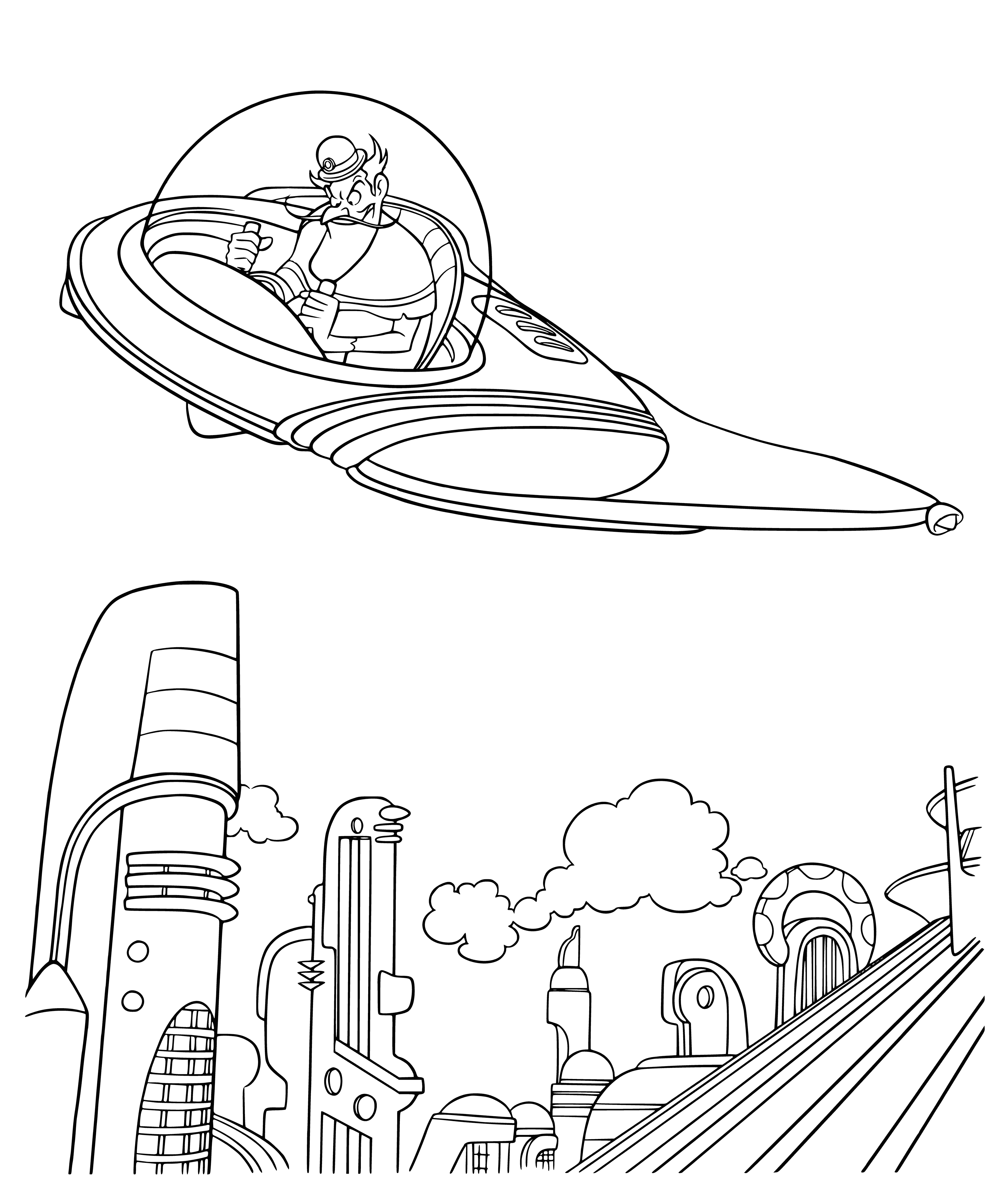 coloring page: A futuristic city filled with advanced tech & activity. Skyline lit up by bright lights & billboards. Along the horizon stands a giant Ferris wheel.