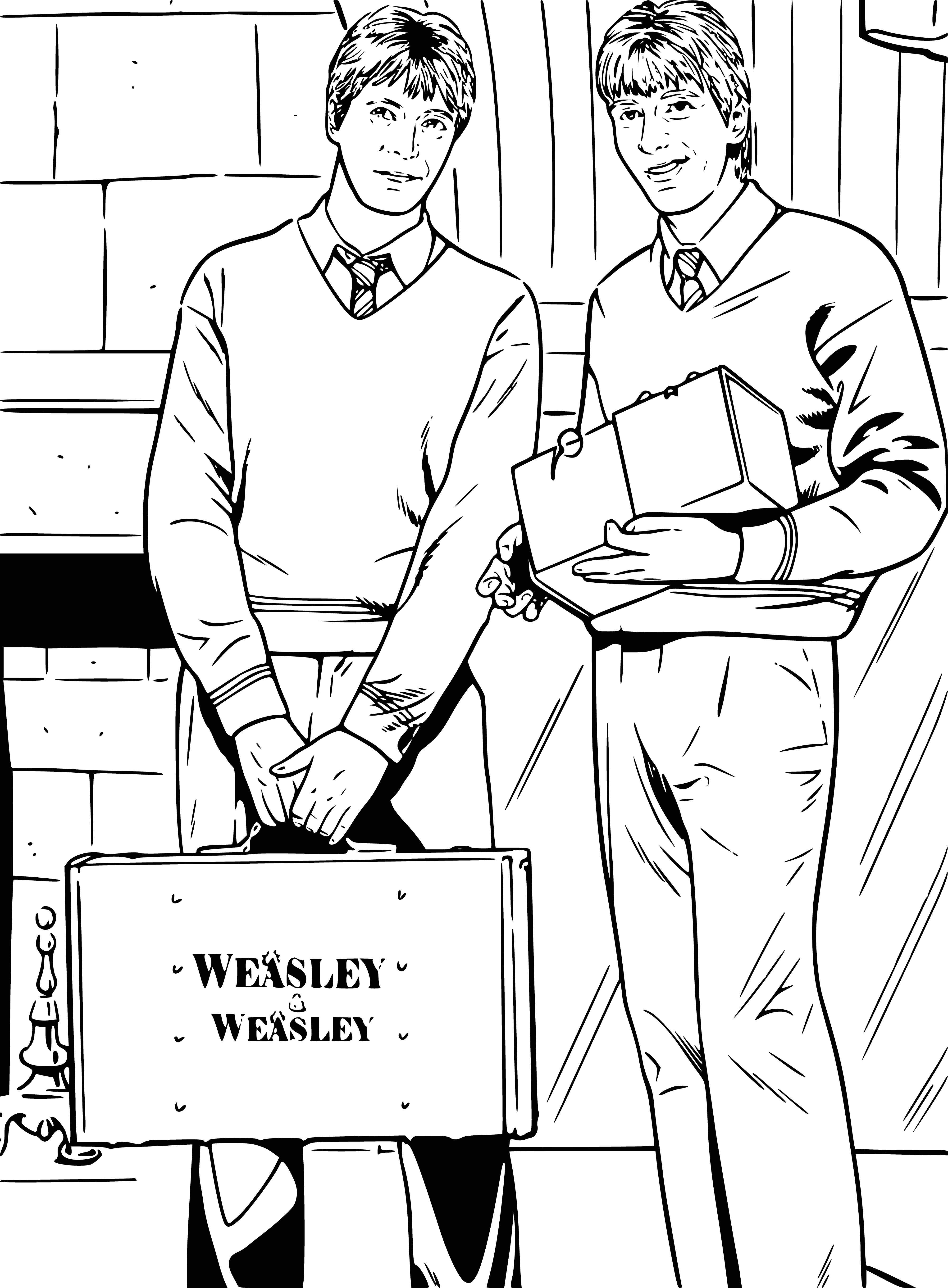 coloring page: Two teens in Gryffindor robes with red hair & freckles holding cats; one looks mischievous & the other about to laugh.