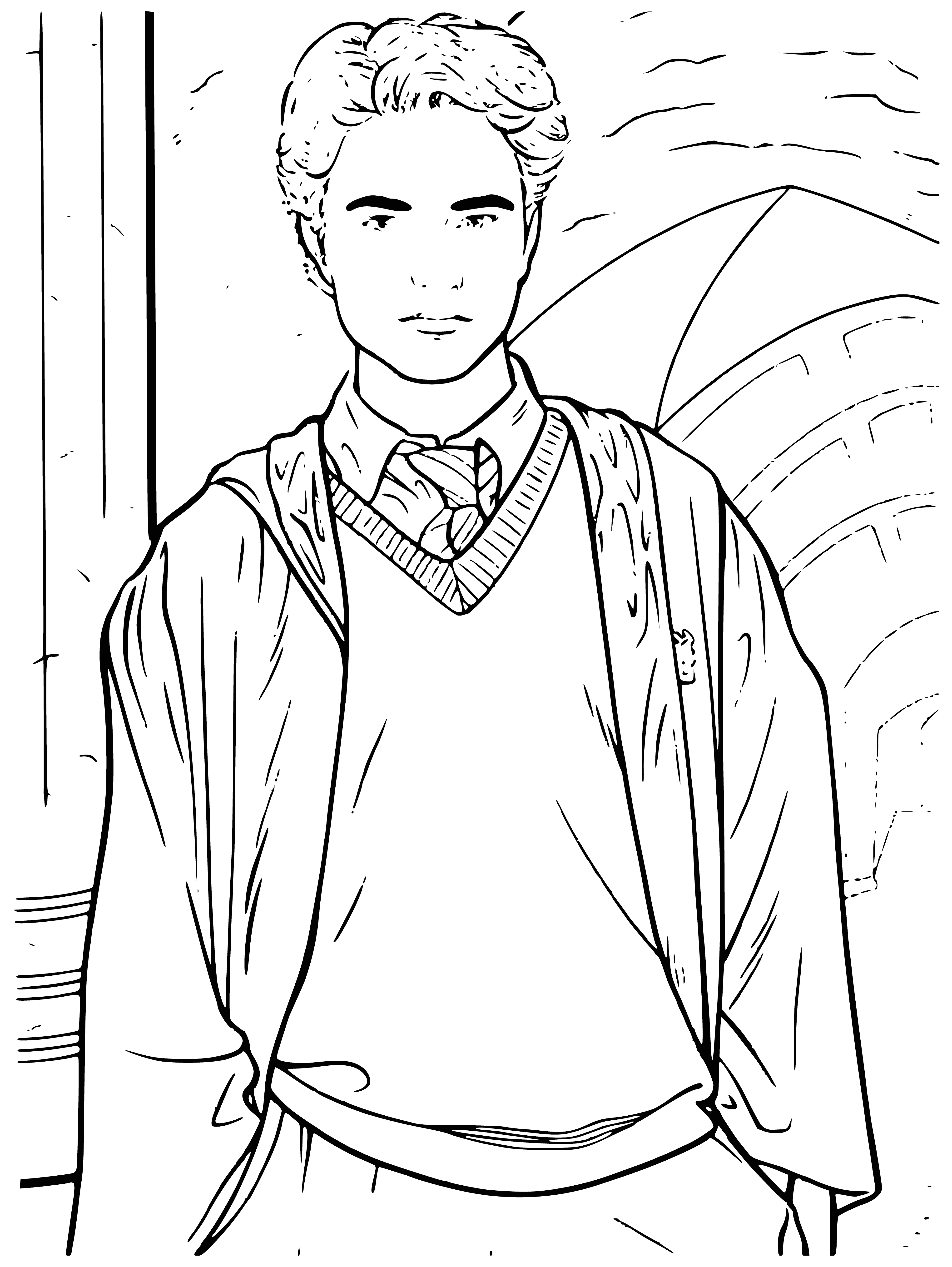 coloring page: A wizard with light brown hair, blue eyes, black cloak, and wand, appears serious and determined.