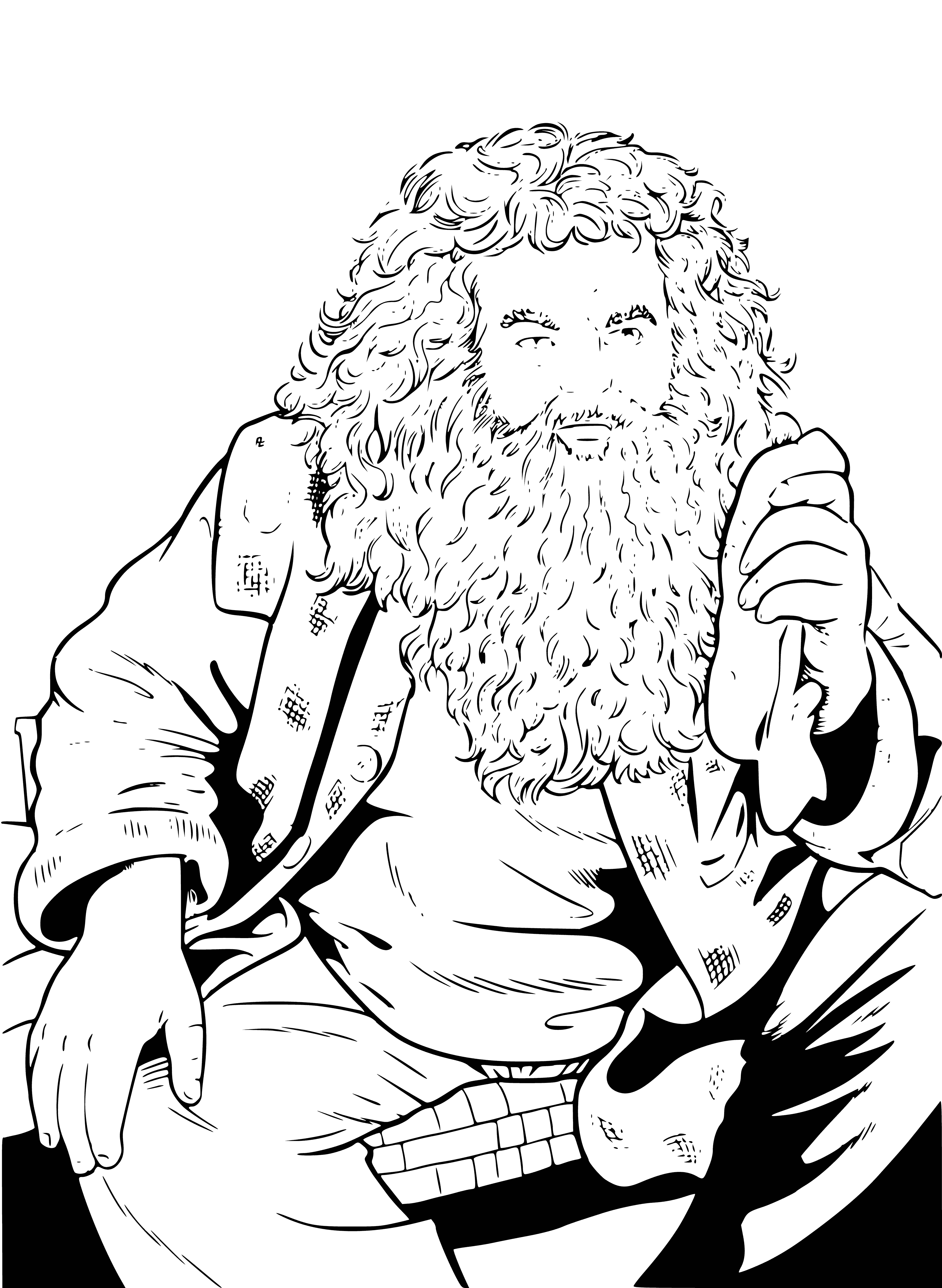 coloring page: Strong, hairy man with long black hair and beard wearing a long black coat. A man not to be messed with. #coloringpage