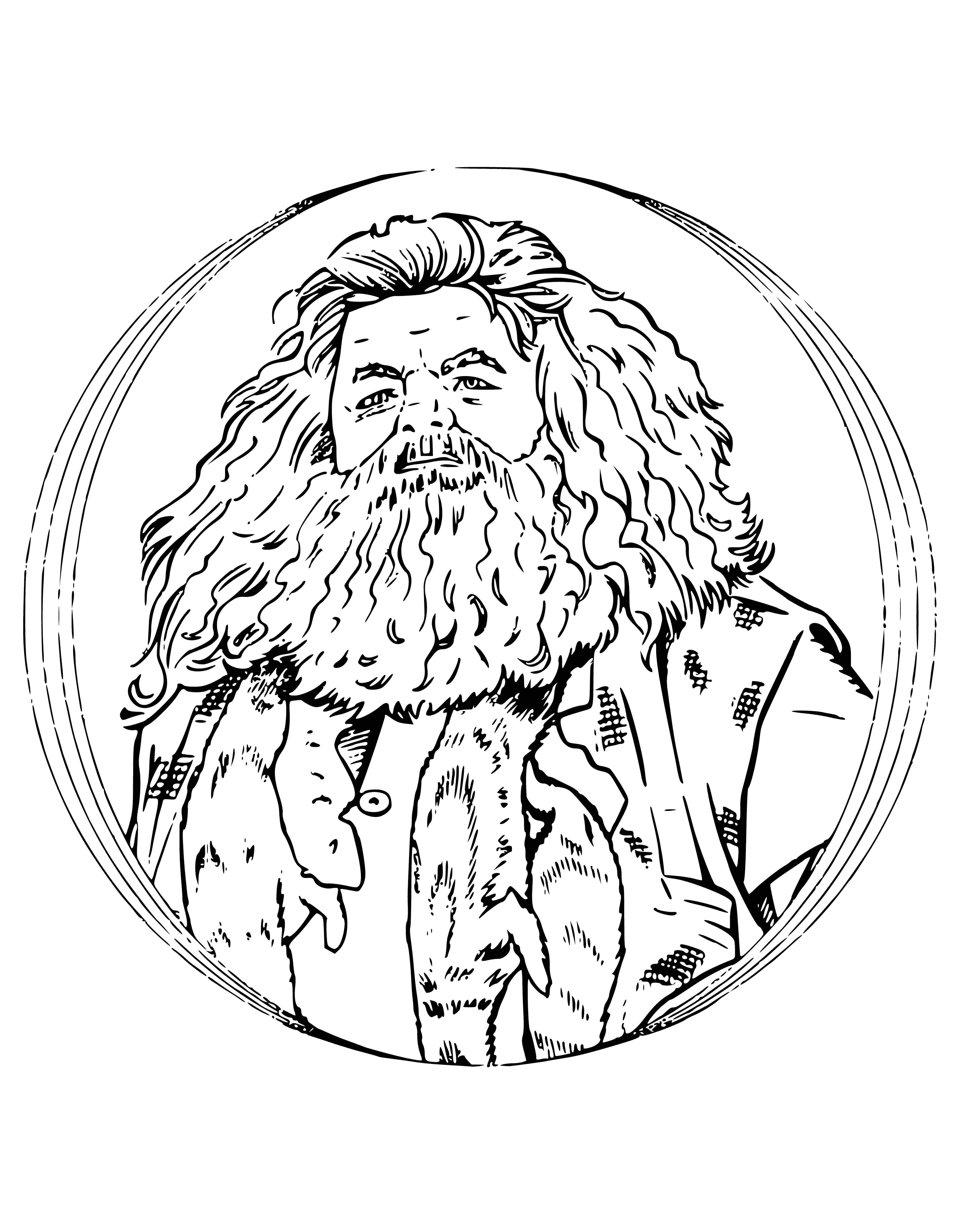 coloring page: A wild-looking, large man in robes and a long coat, holding a wand. Perfectly at home in the woods than a wizarding school.