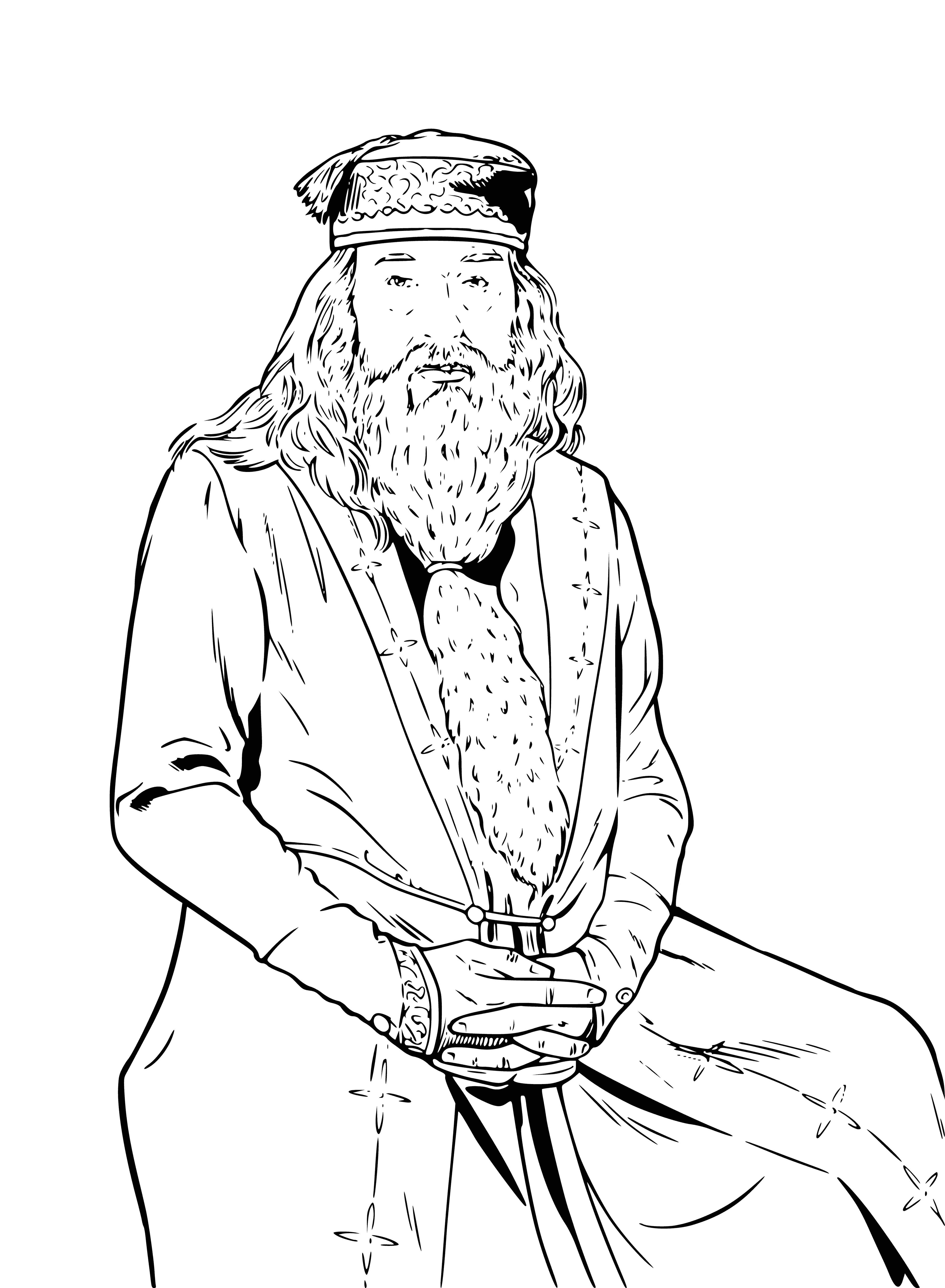 coloring page: Three young students, Harry, Ron, and Hermione, look up at elderly wizard Dumbledore wearing purple robes and holding a wand with a kind expression. #HarryPotter
