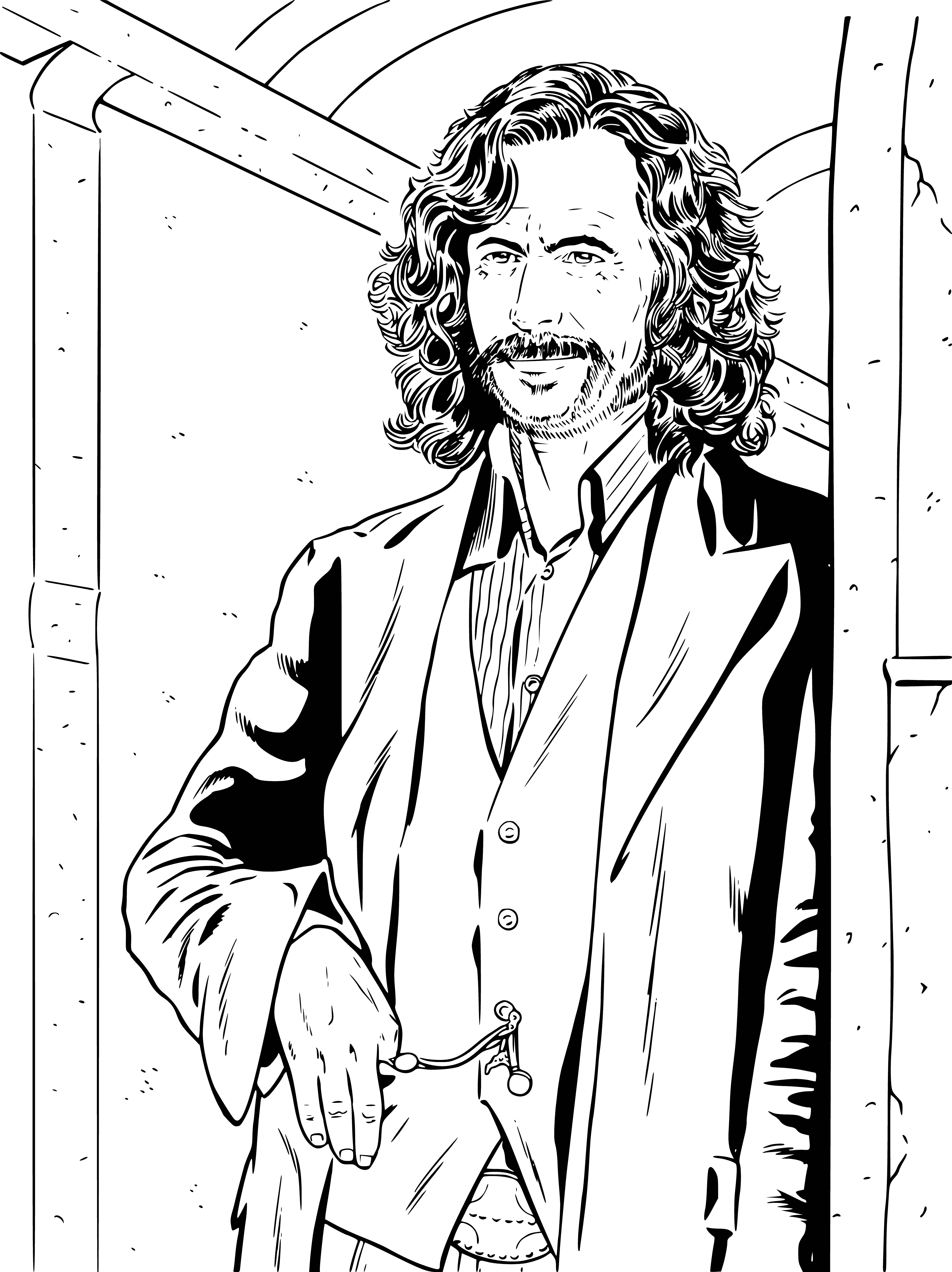 coloring page: Sirius Black stands in a dark room, cloaked in black with a wand in hand, long black hair and a beard, green eyes.