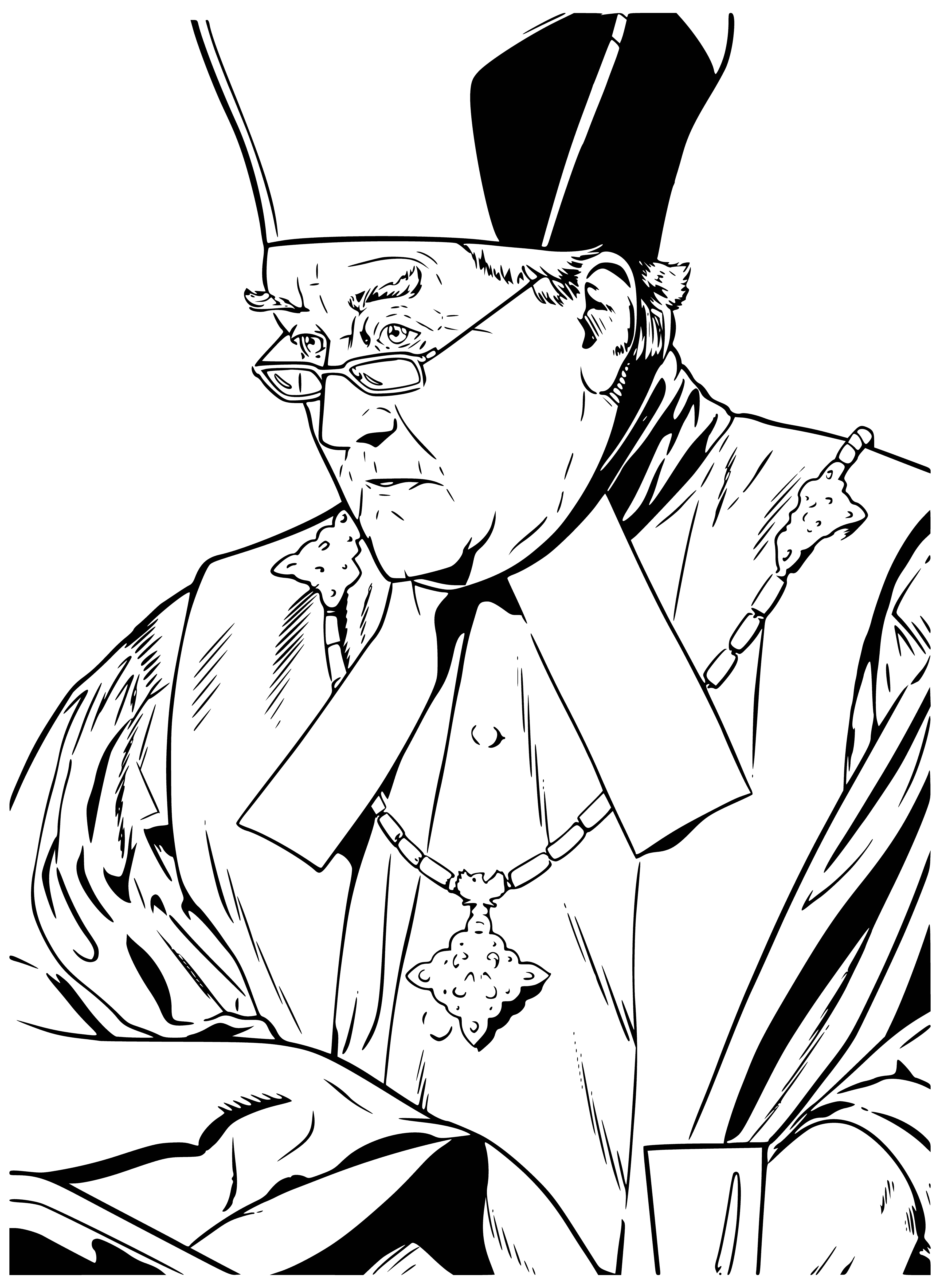 coloring page: Coloring page of Cornelius Fudge, Minister of Magic in Harry Potter, in his 50s-60s wearing purple robes, gold trim & black hat w/green brim.