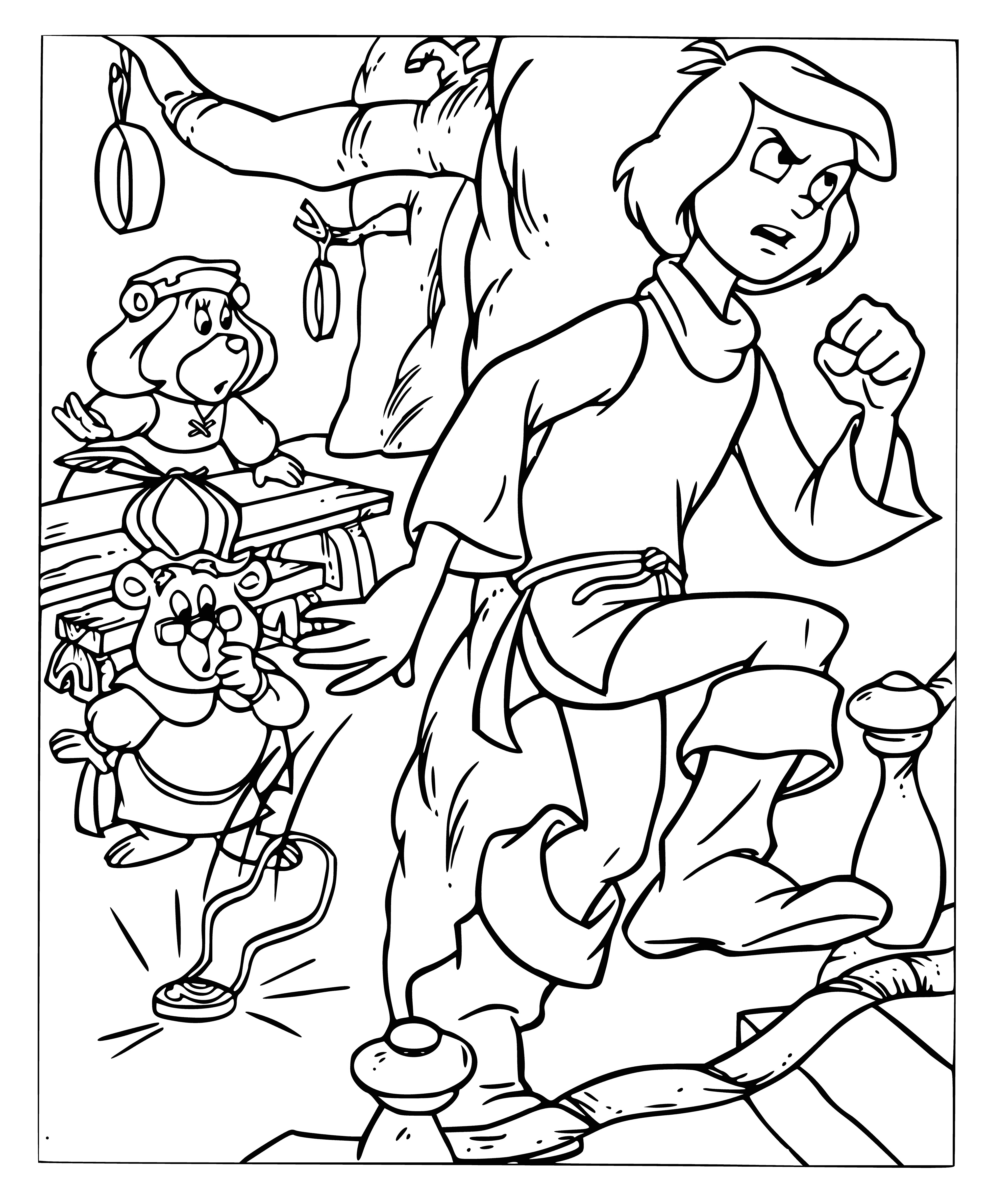coloring page: A large gummy bear sits in the center, surrounded by five smaller gummy bears of a different color. All the bears have outstretched arms and legs and the large one has a protruding belly.