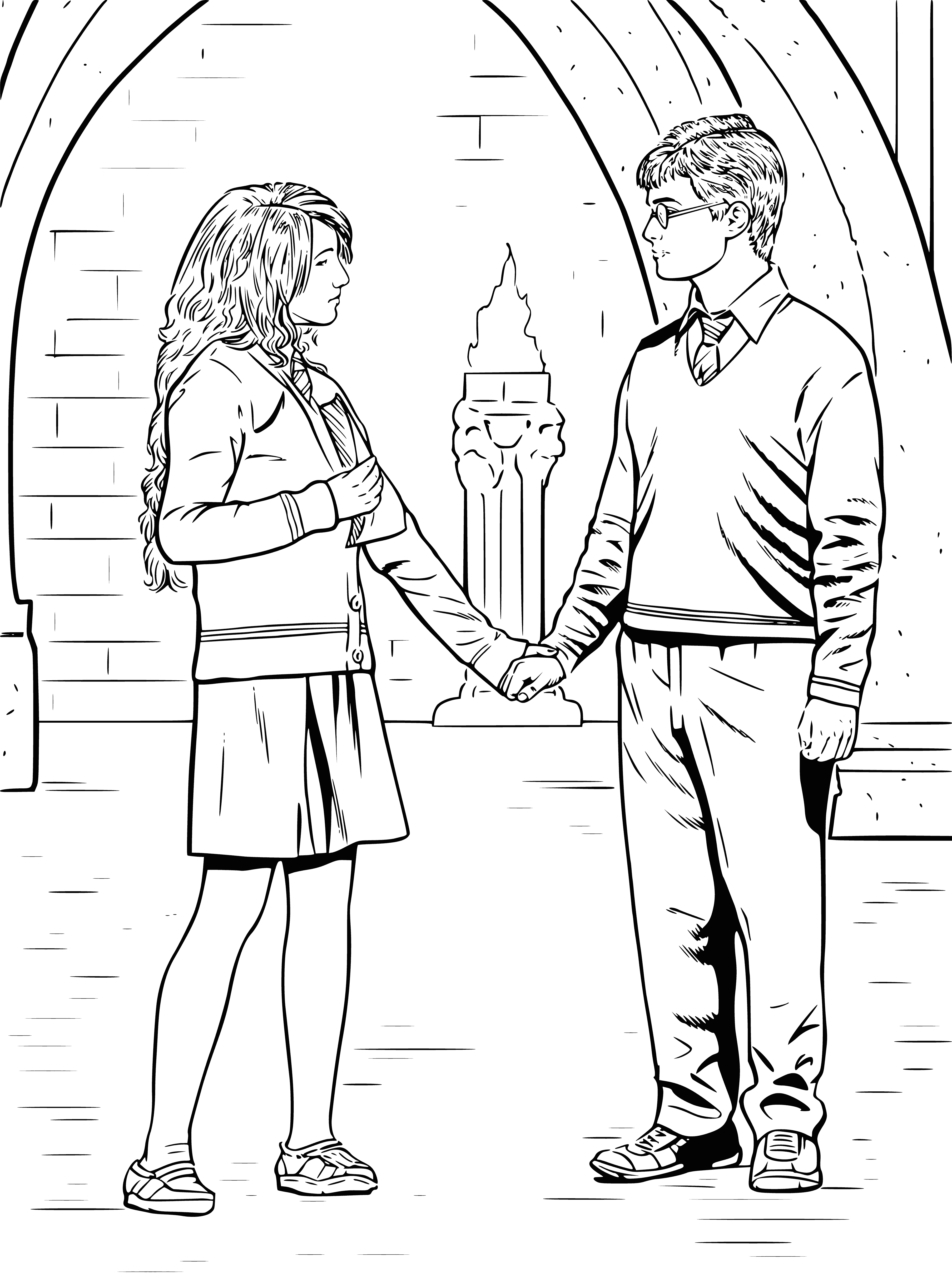 coloring page: Harry and Luna standing together, him holding a wand, her wearing a star necklace; a coloring page of friendship and possibility.