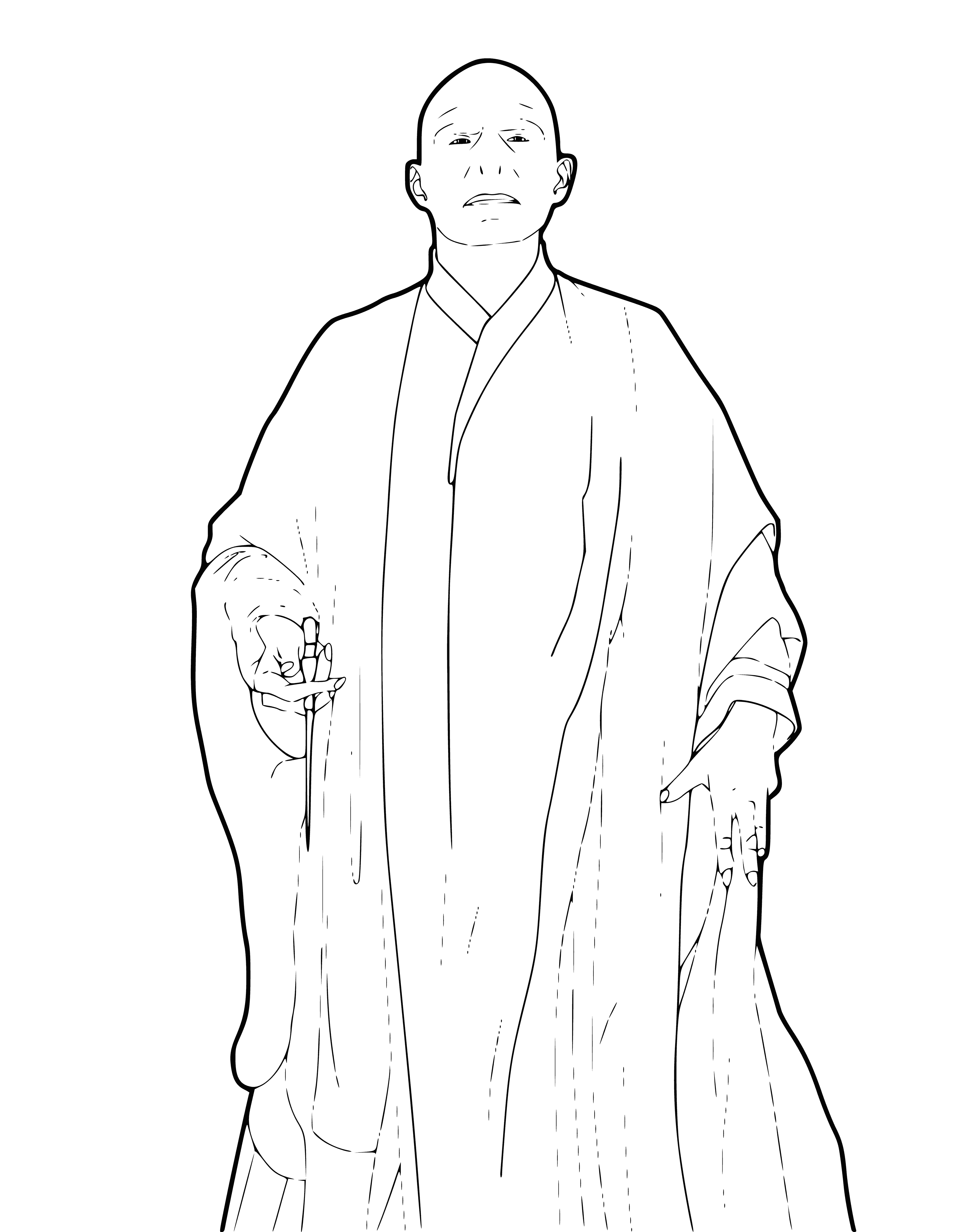 coloring page: Harry Potter confronts Voldemort, the pale, bald wizard with a long nose, in a chair.