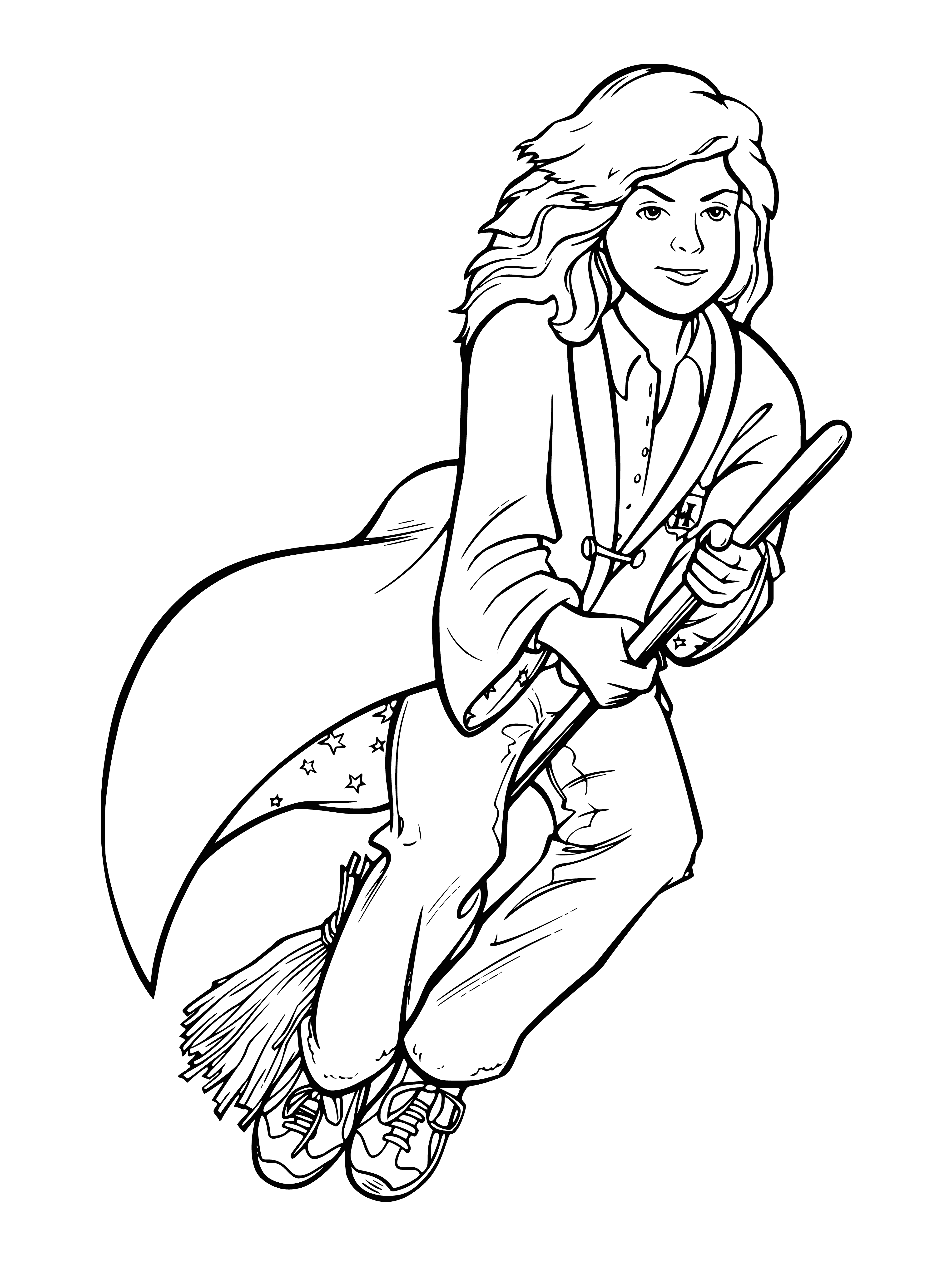 coloring page: Hermione, young witch ready to cast a spell in black robe, light brown hair & glasses, wand in hand.