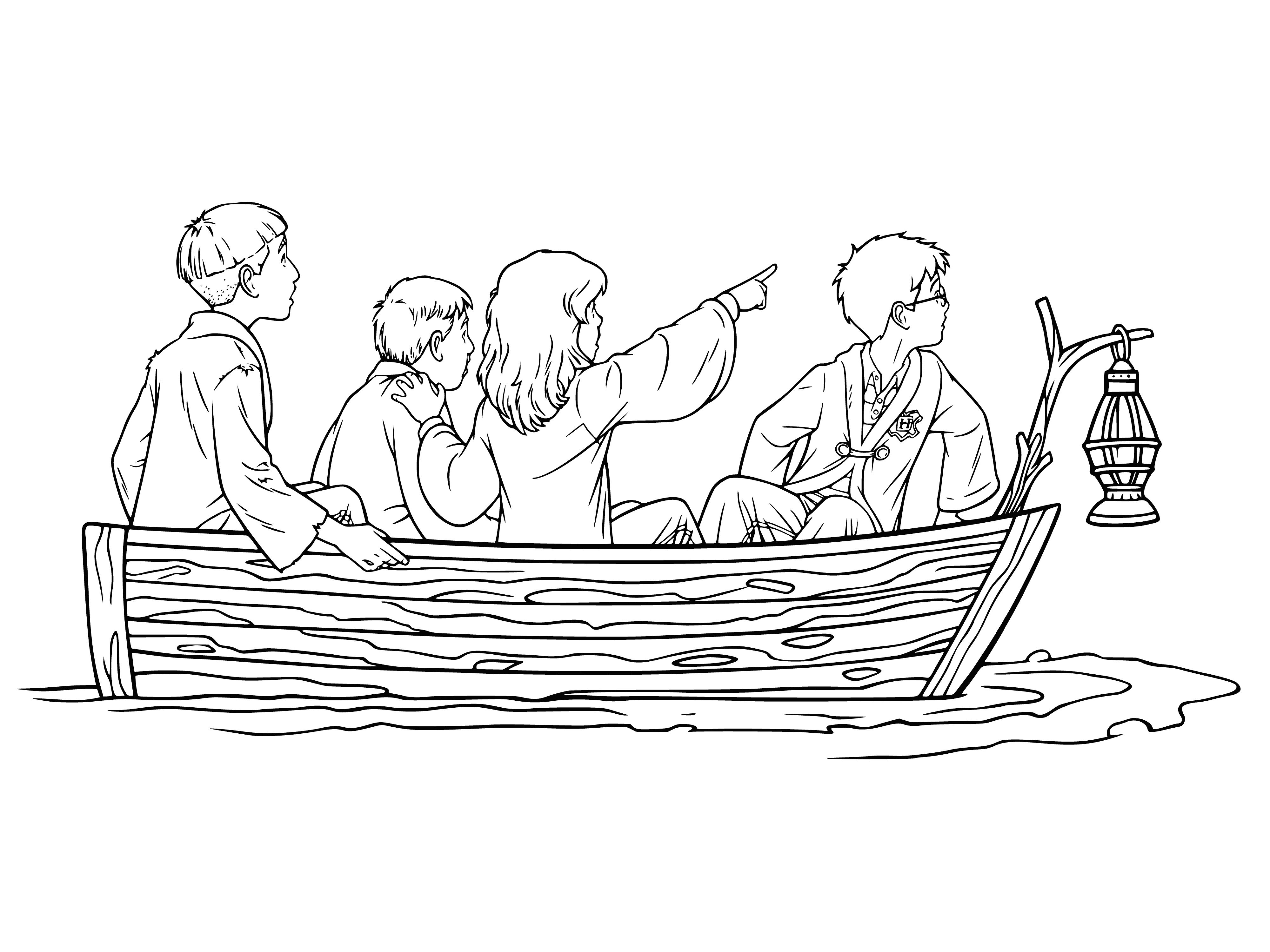 coloring page: Three kids rowing a boat across a calm lake beneath a clear sky. #HarryPotter