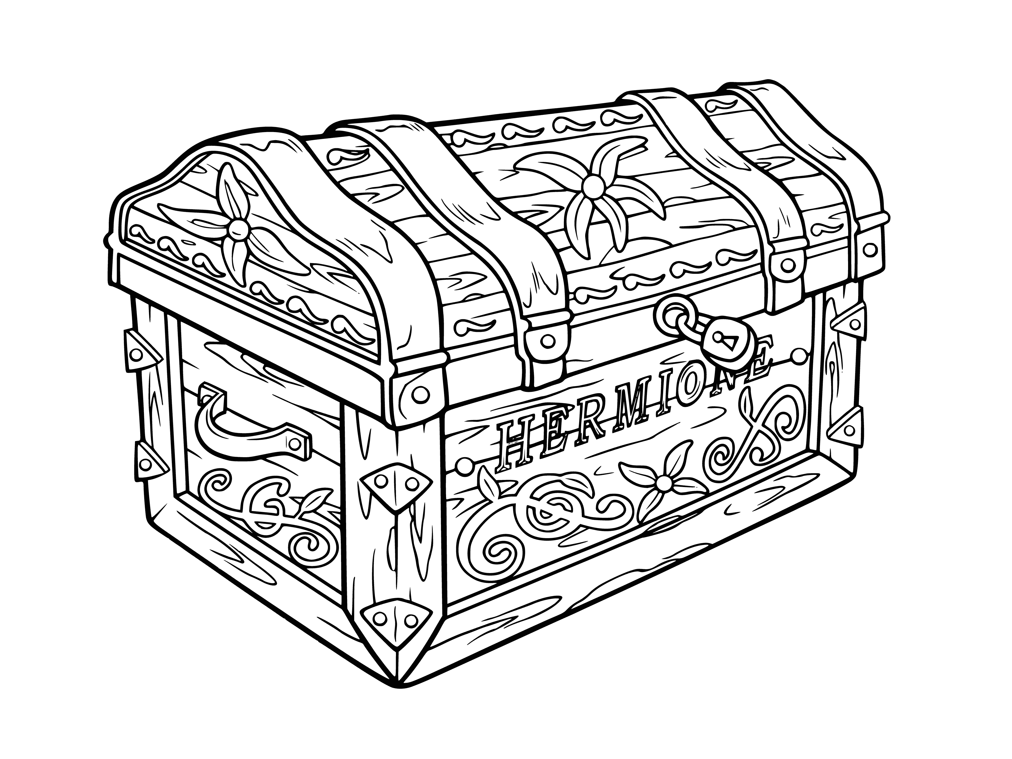 coloring page: Girl discovers chest full of books, scrolls & mysterious potions, looks triumphant.