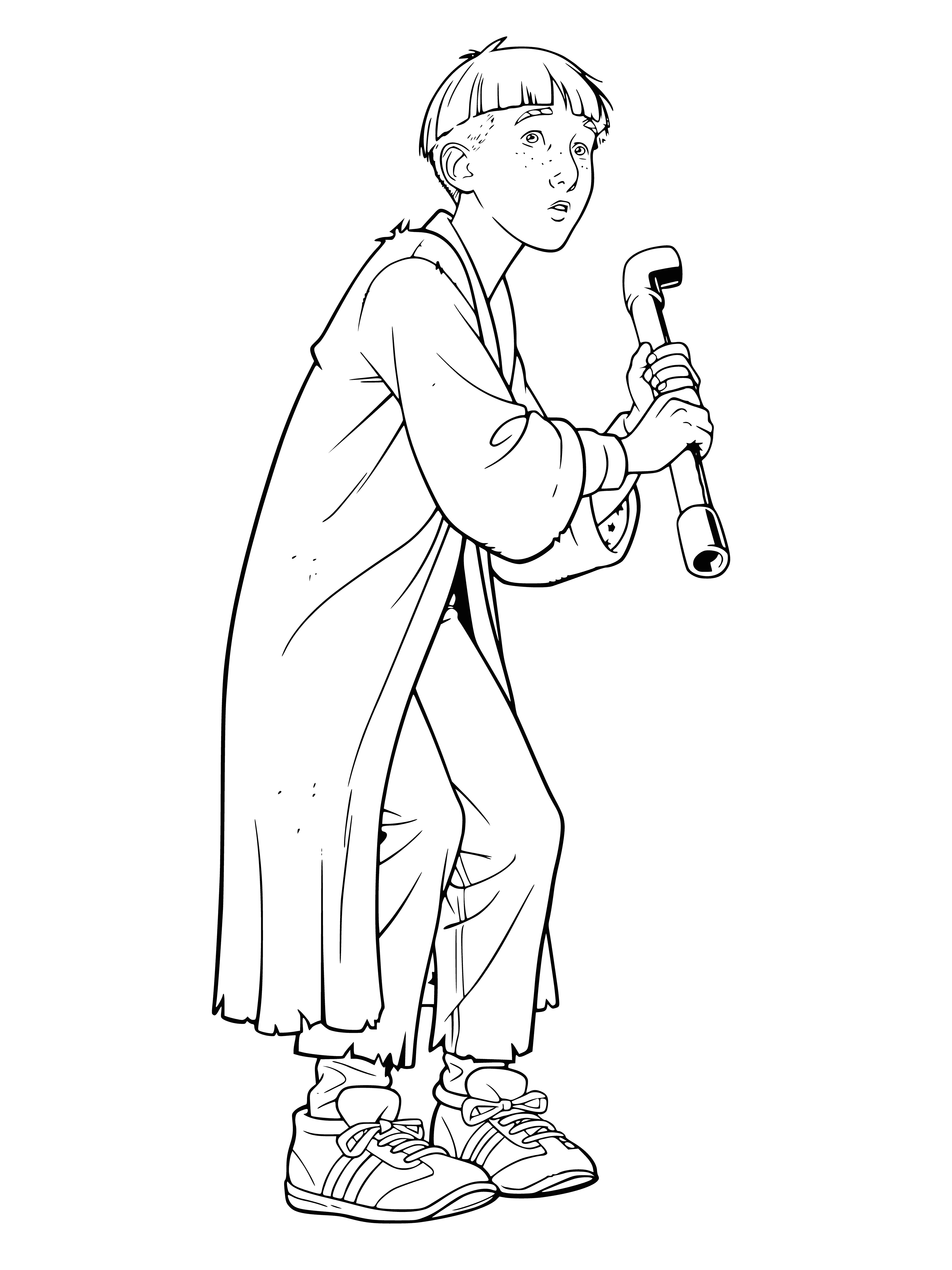 coloring page: Ron, ginger-haired, in blue jacket, holds wand in front of brick wall.