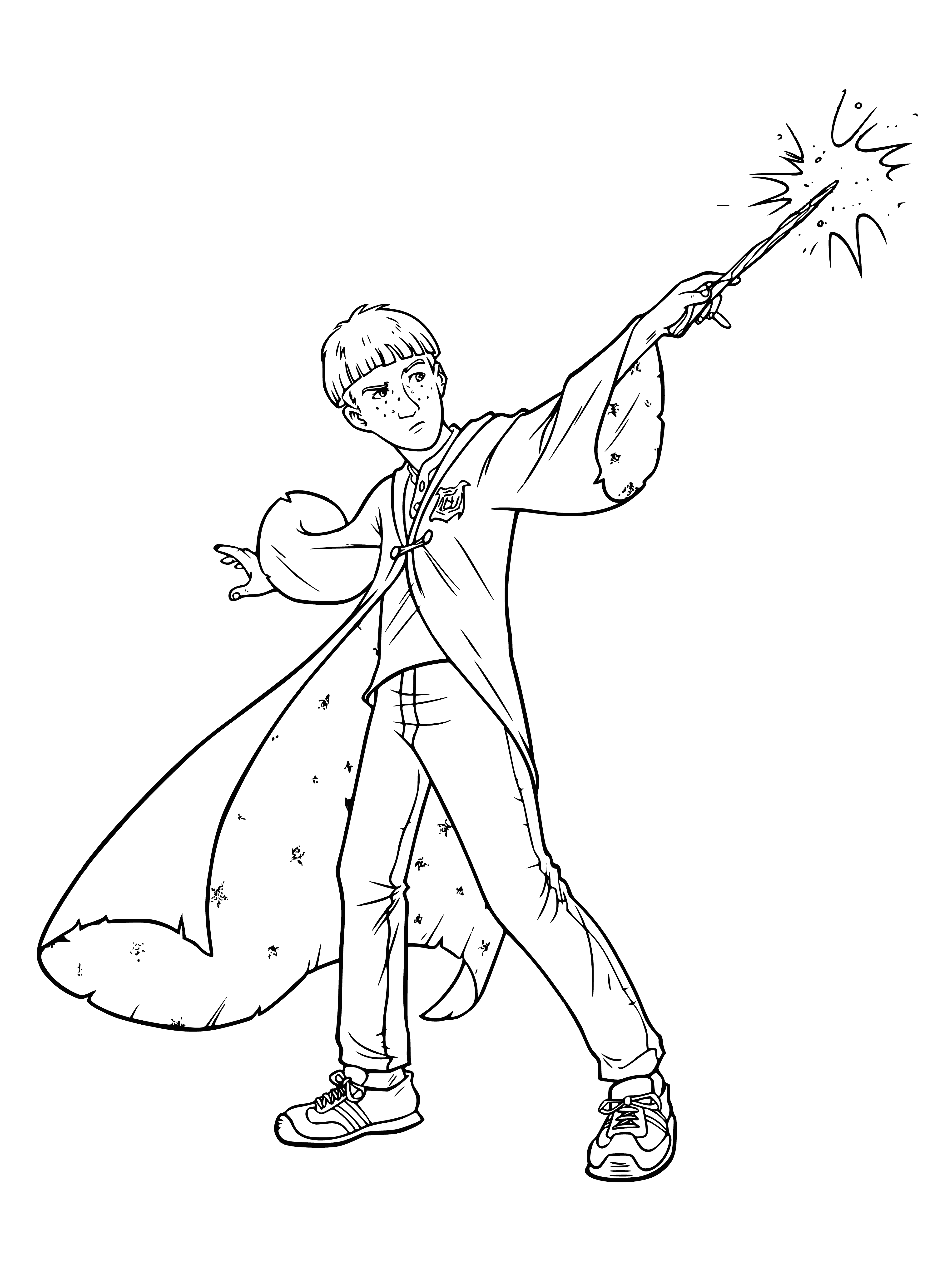 coloring page: Boy in black robe holds wand, looking serious while sitting in dimly lit window. #HarryPotter #ColoringPage