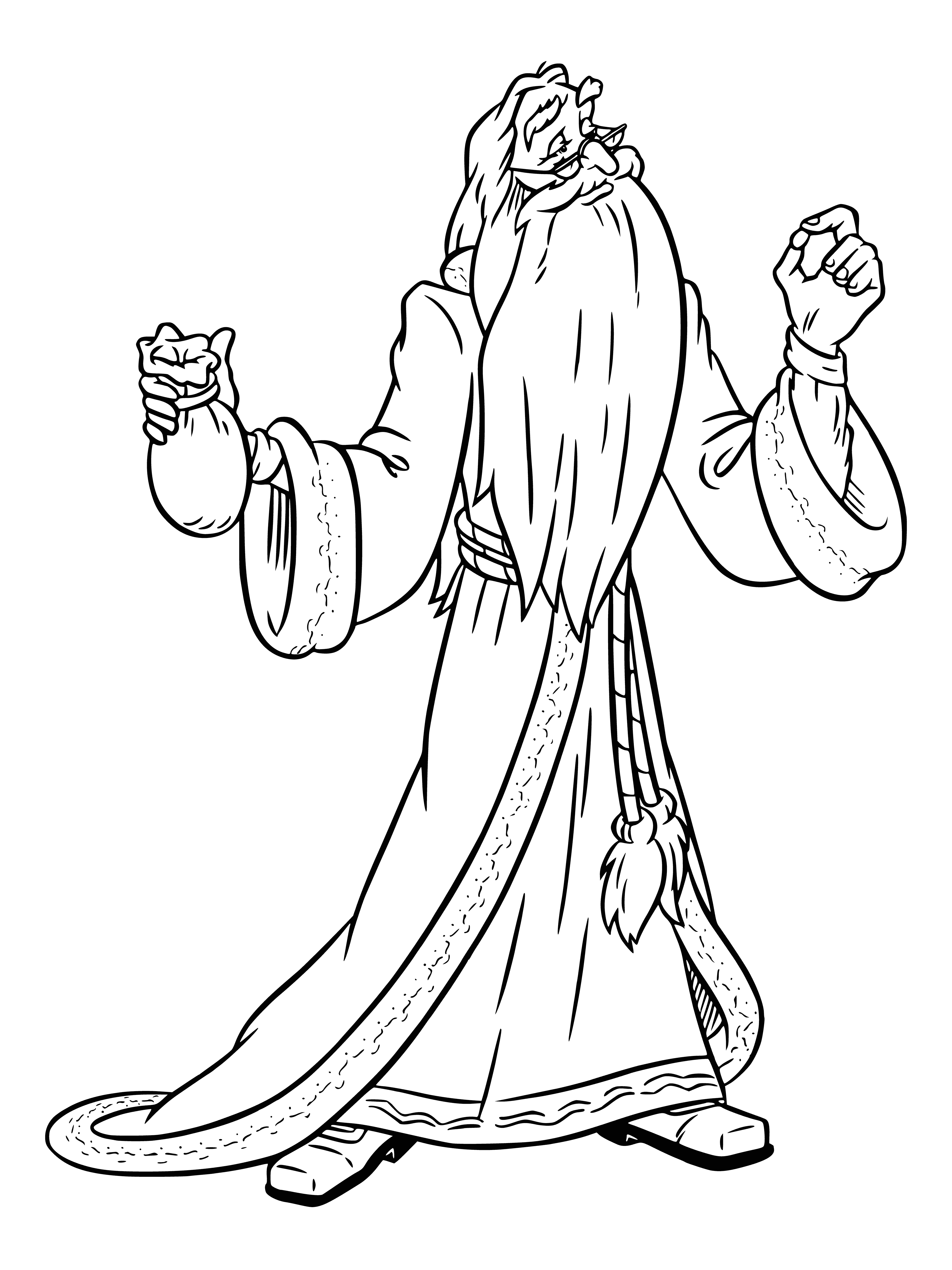 coloring page: An elderly wizard in black robes holds a wand in his hand, a small black cap on his head and half-moon glasses rest on his long silver beard.