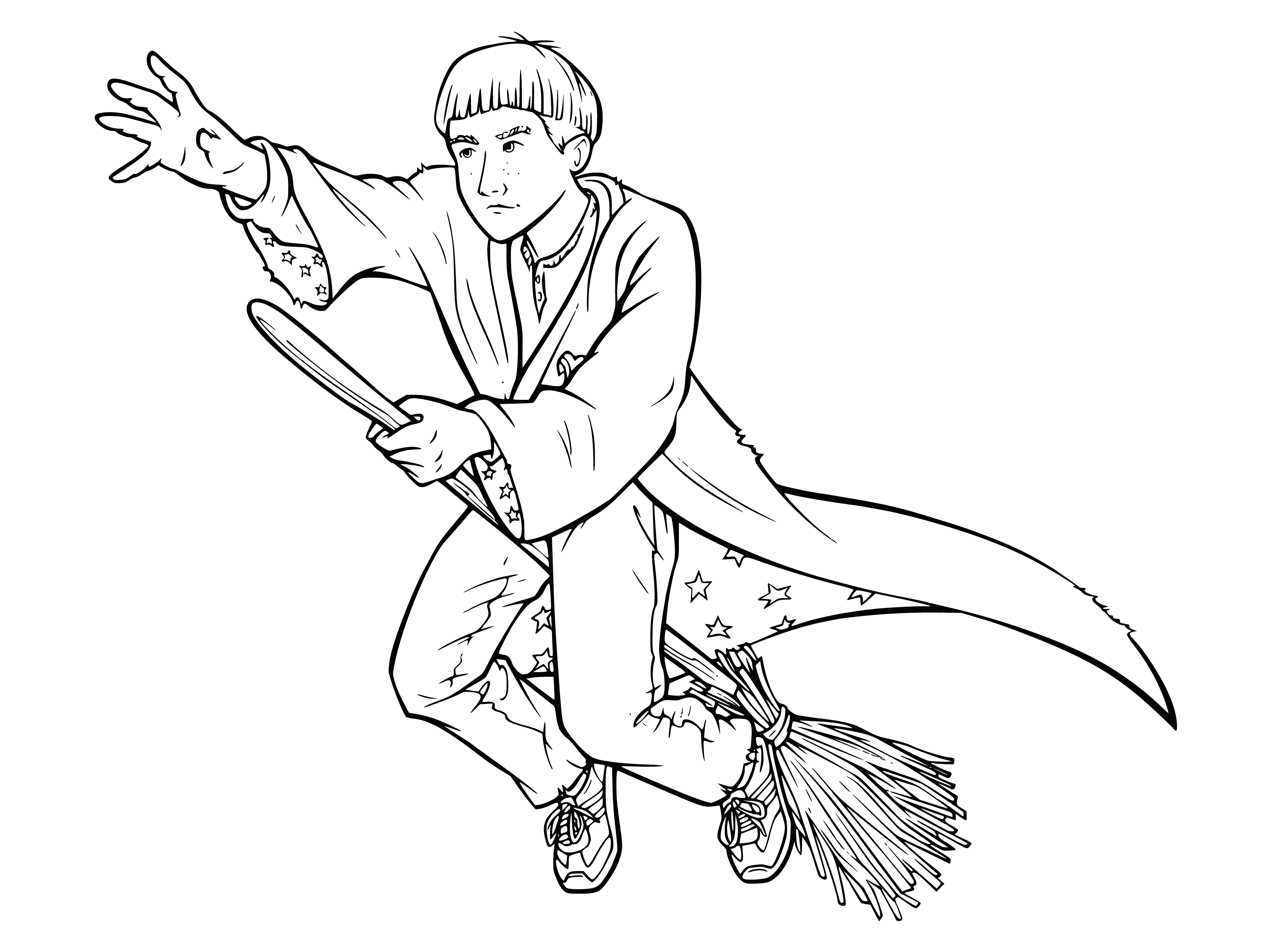coloring page: Harry & Ron are flying on a broom, wearing black robes with hoods up. Harry's hair is blowing as they soar through the air.