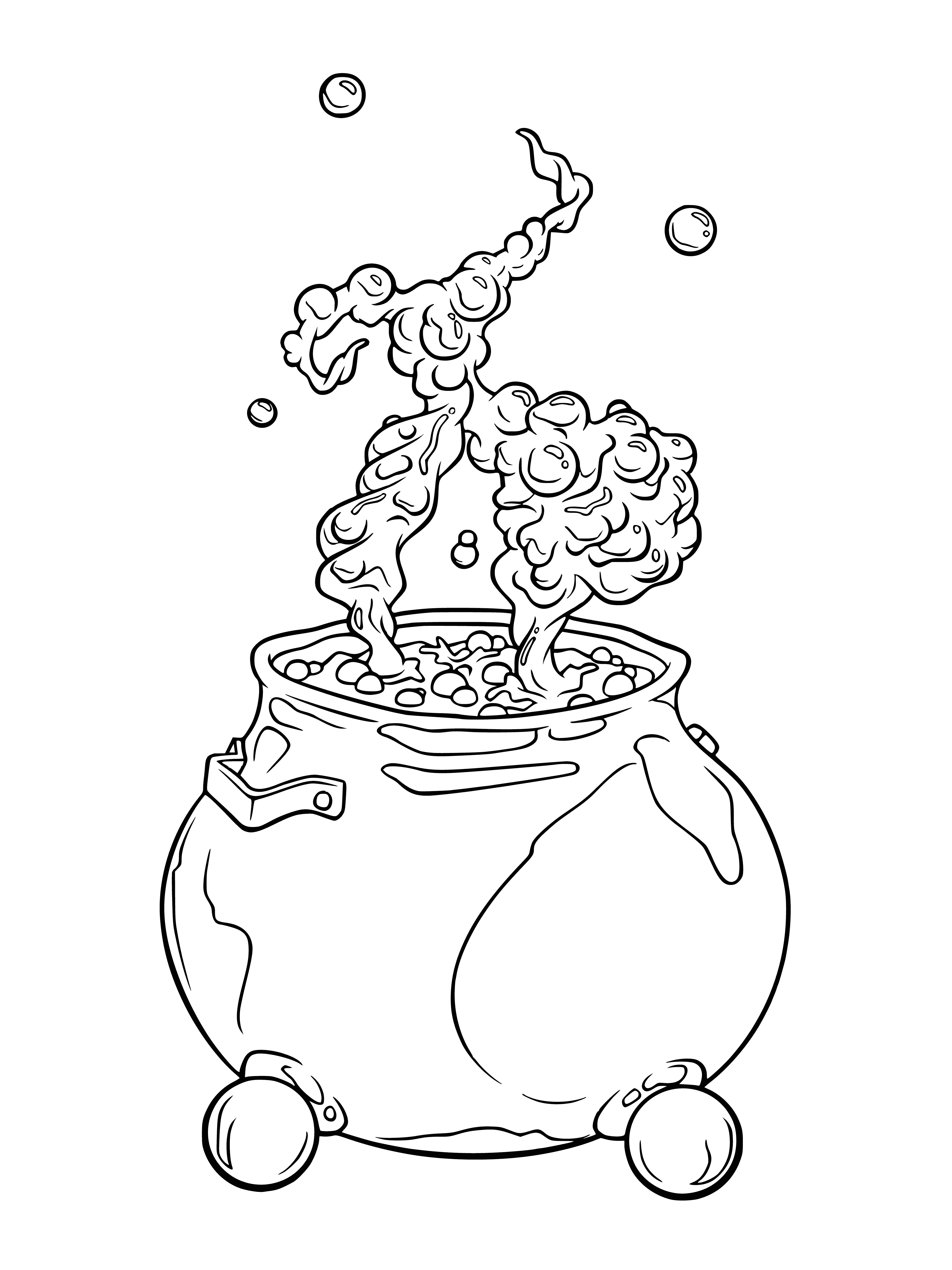 coloring page: An old witch is stirring the cauldron, adding ingredients from bottles and jars to brew a mysterious potion.