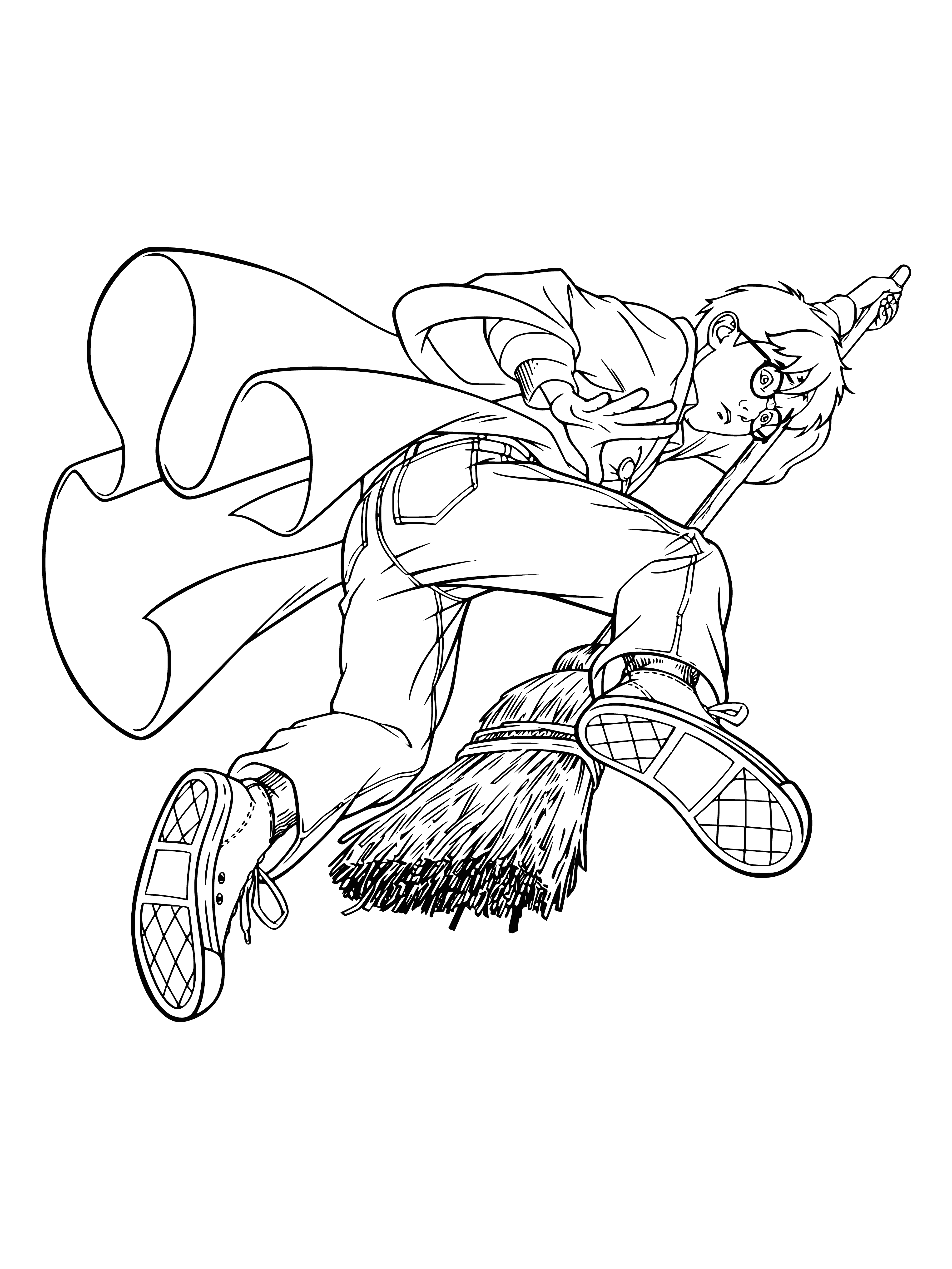 coloring page: Harry desperately grasps at nothing as he falls off his broom midair, glasses askew and hair flying.