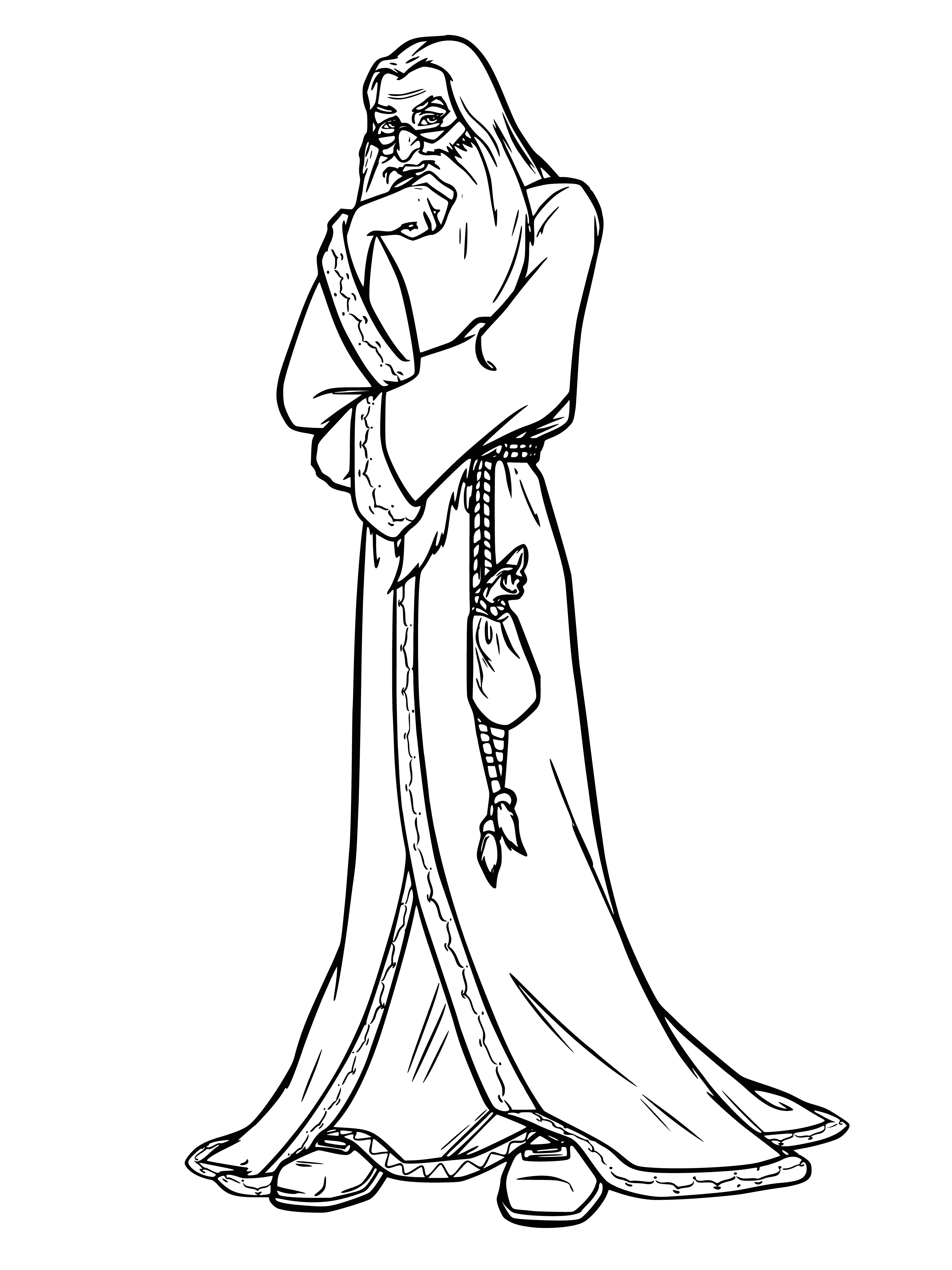 coloring page: Old man in long, black robe holds a wand & has kindly face but hint of sadness in his eyes.