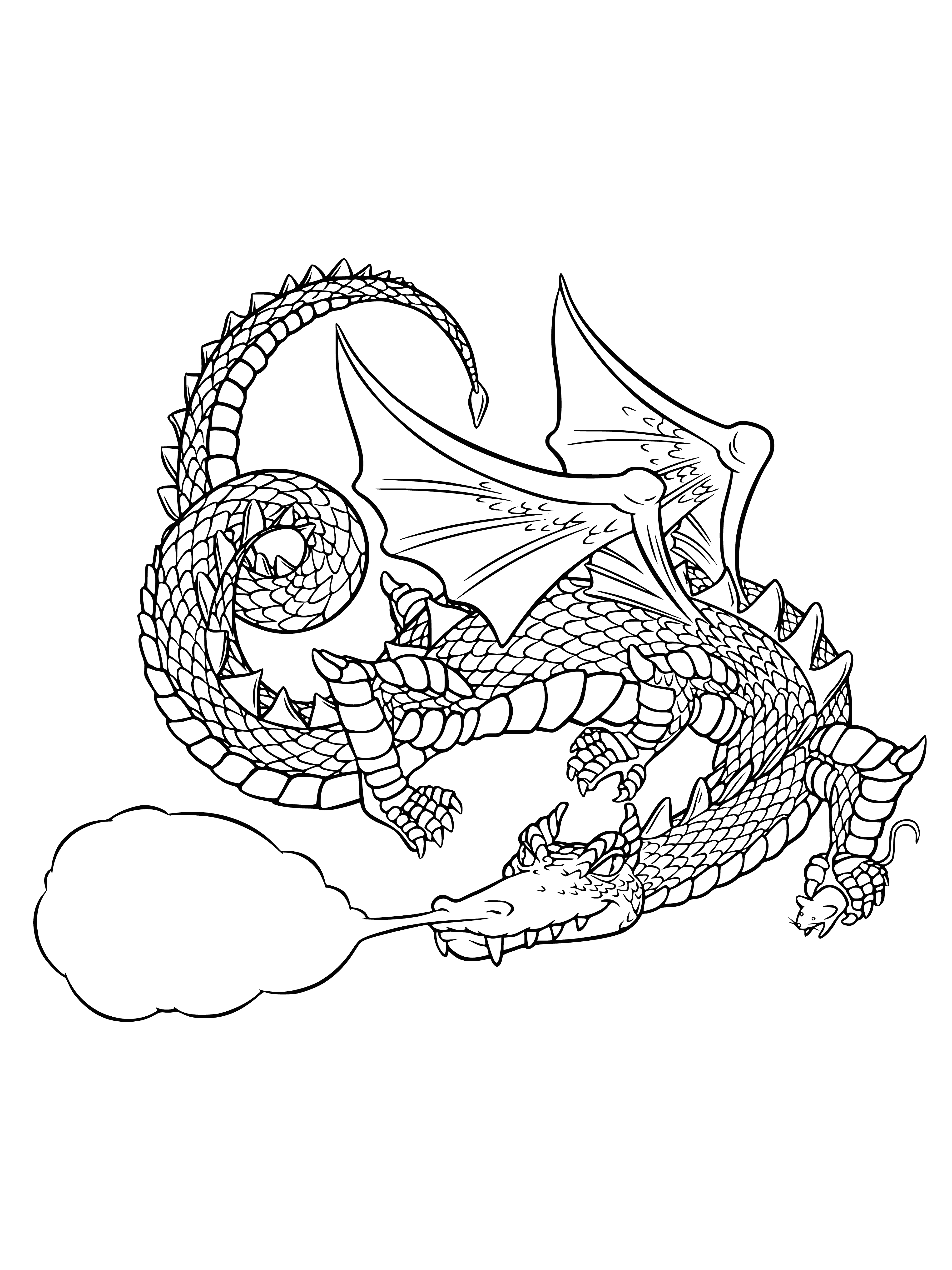 coloring page: Figurine of green dragon with long neck, open mouth & sharp teeth, wings spread & claws extended, standing on rock with curled tail.