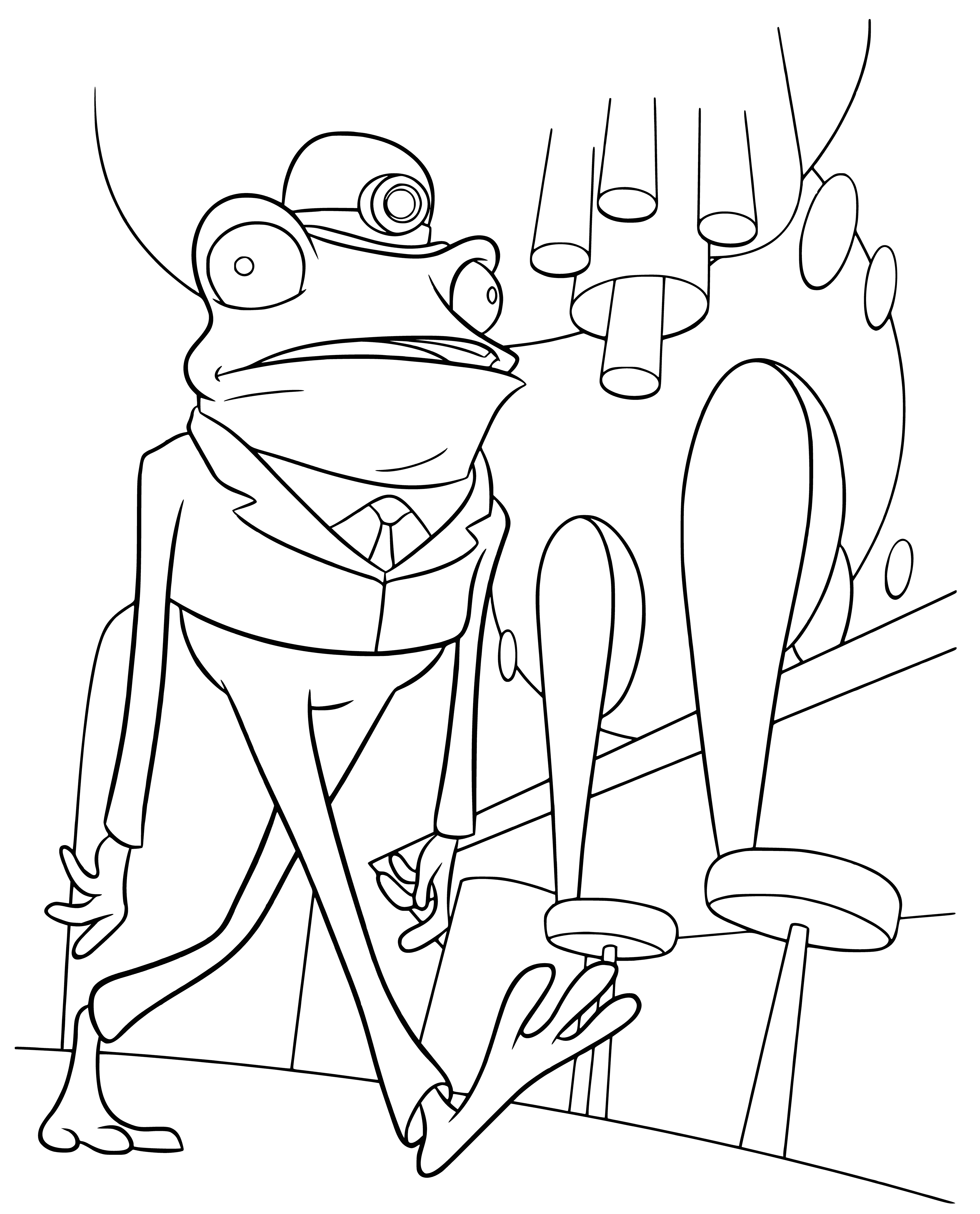 coloring page: Single green zombie frog on a white page with black eyes, sharp teeth, bumpy skin, and disproportionally large hind legs.