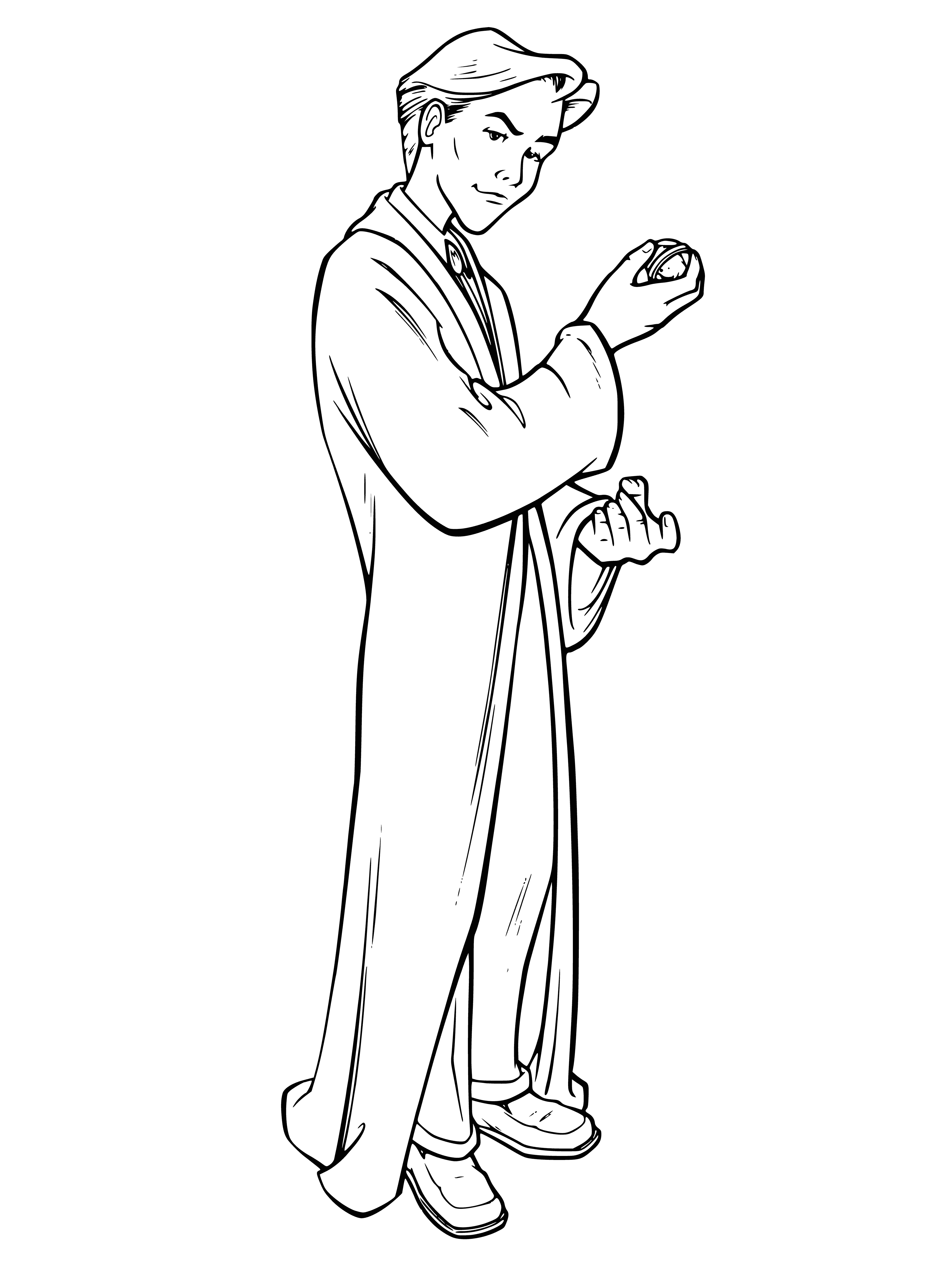 coloring page: Draco Malfoy is a sneering blonde boy wielding a wand, ready for a fight.