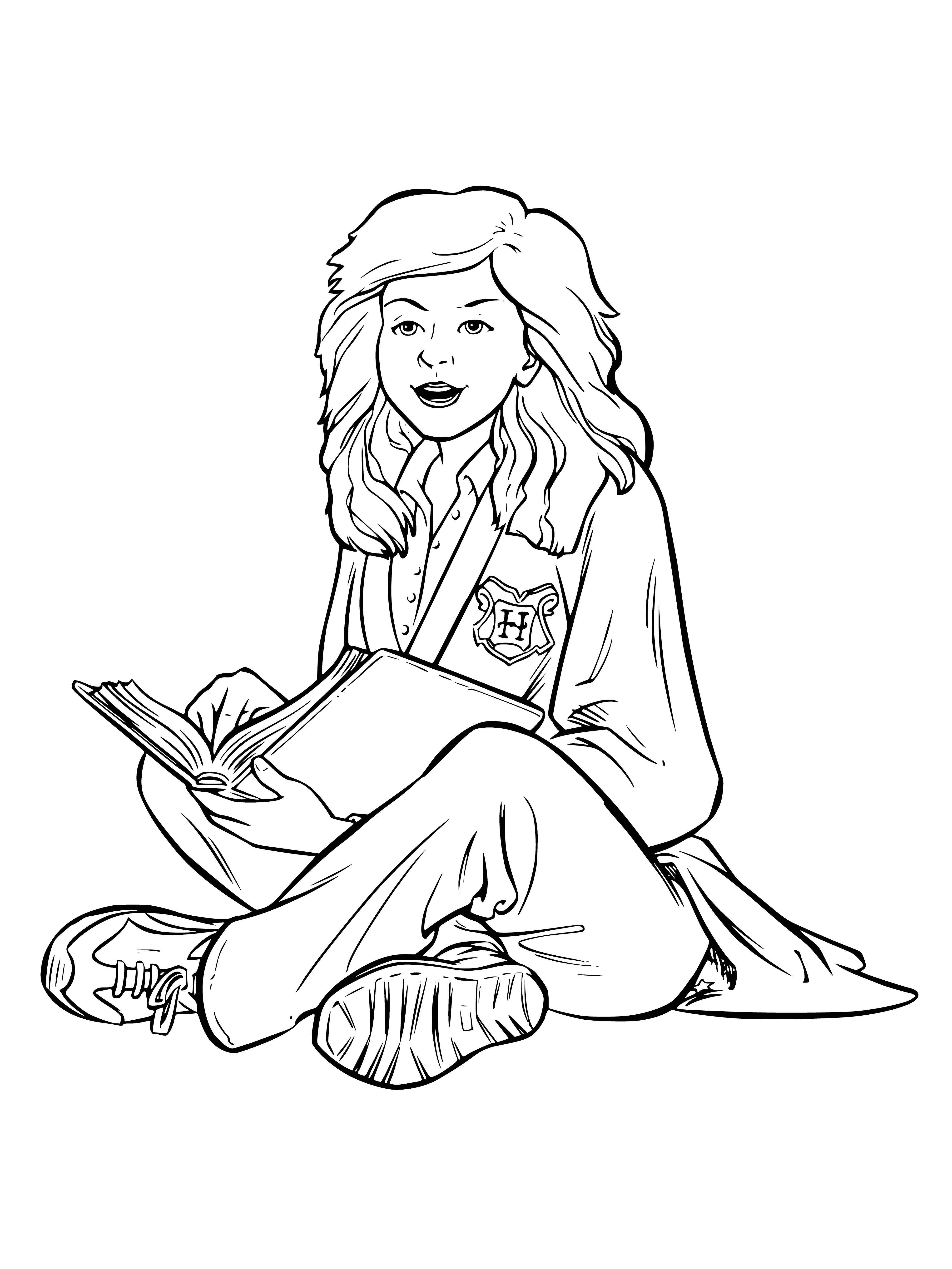 coloring page: Girl lost in thought, engrossed in a book, glasses on, hair in messy bun. Sitting in a chair with legs crossed.