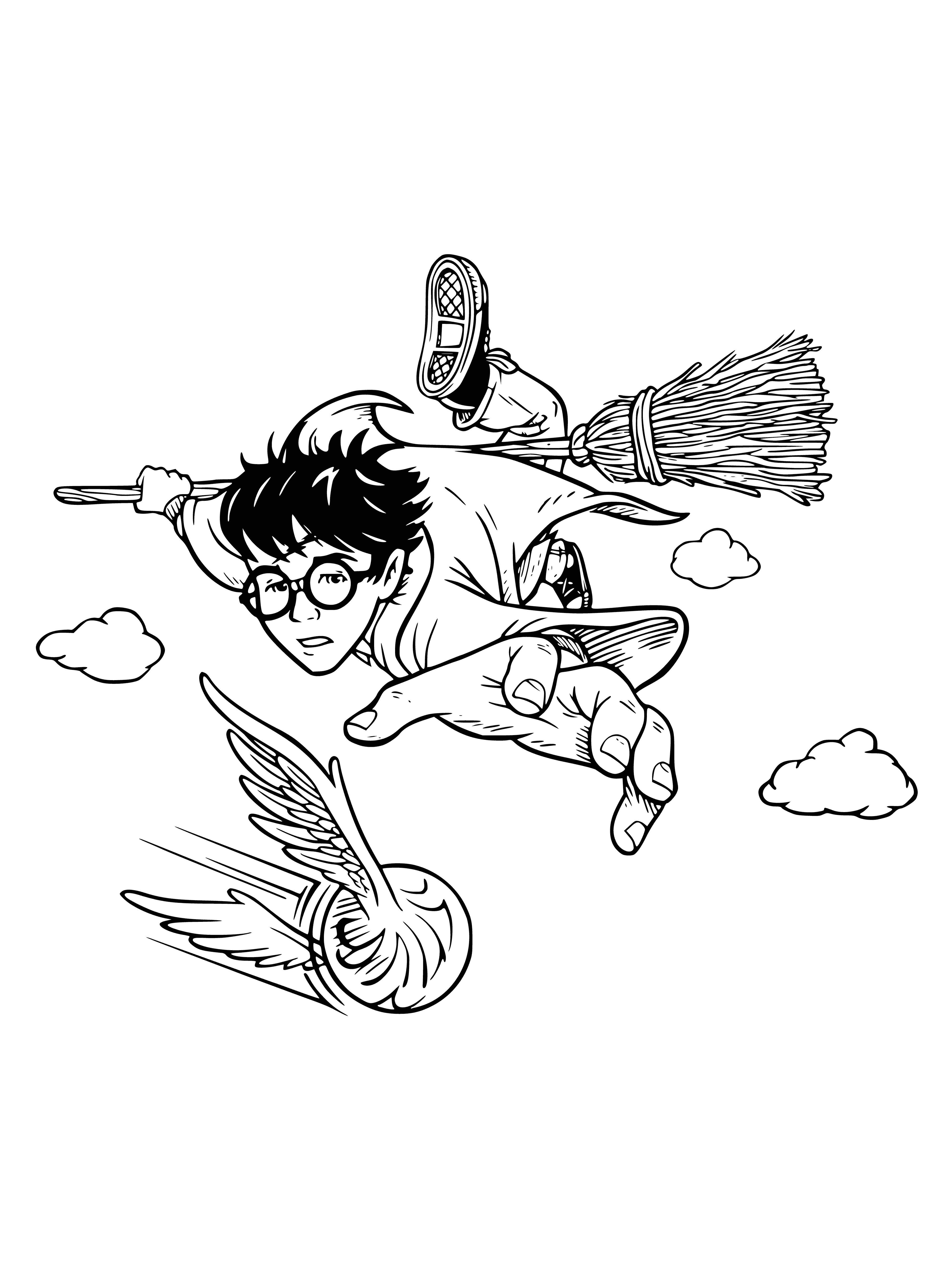 coloring page: Boy in robe flying on broomstick with wand, chasing ball with other wizards in the air.