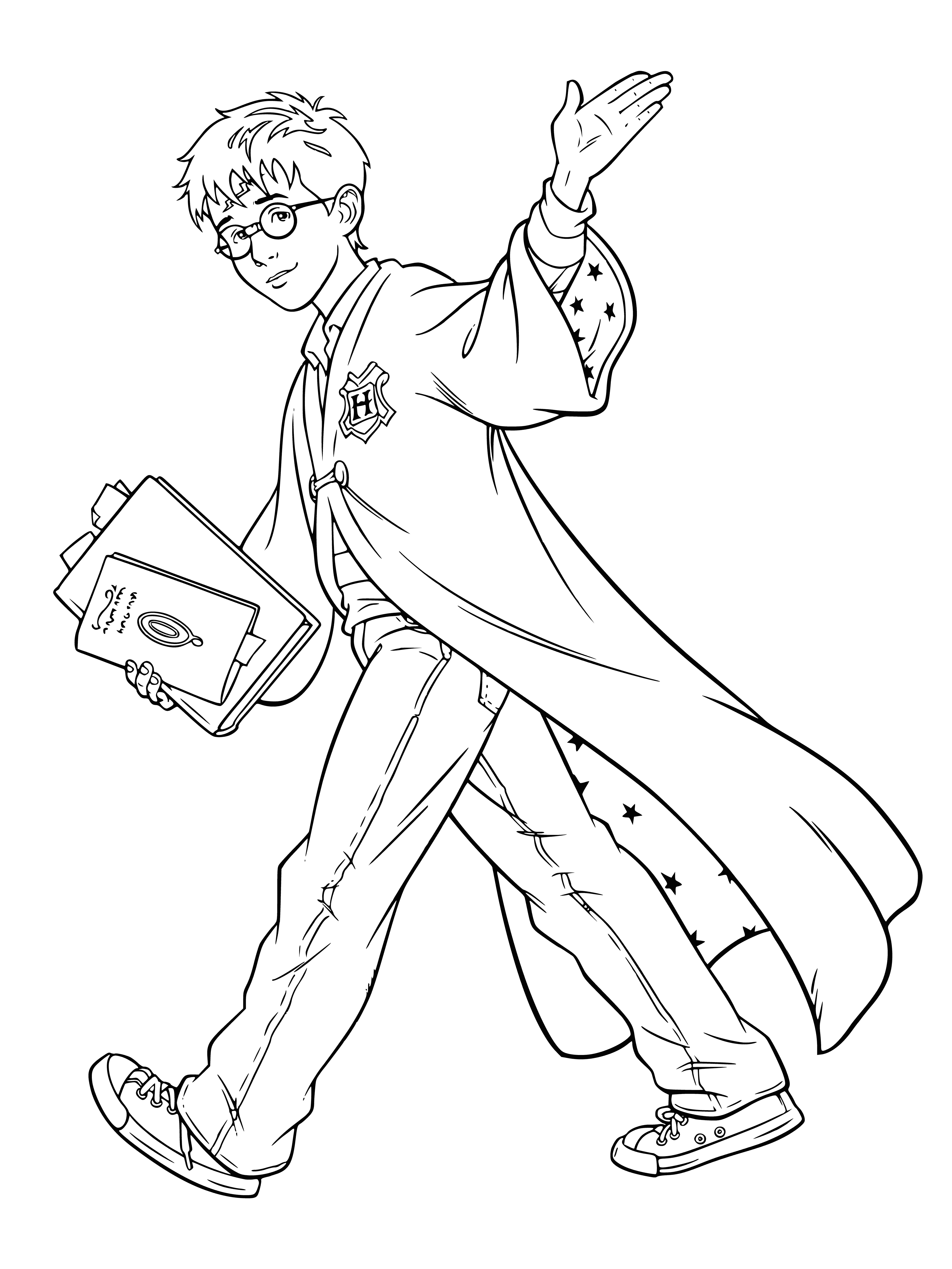 coloring page: Harry Potter, a young wizard in black robes, stands with a group before a large castle, with a golden scar on his forehead.