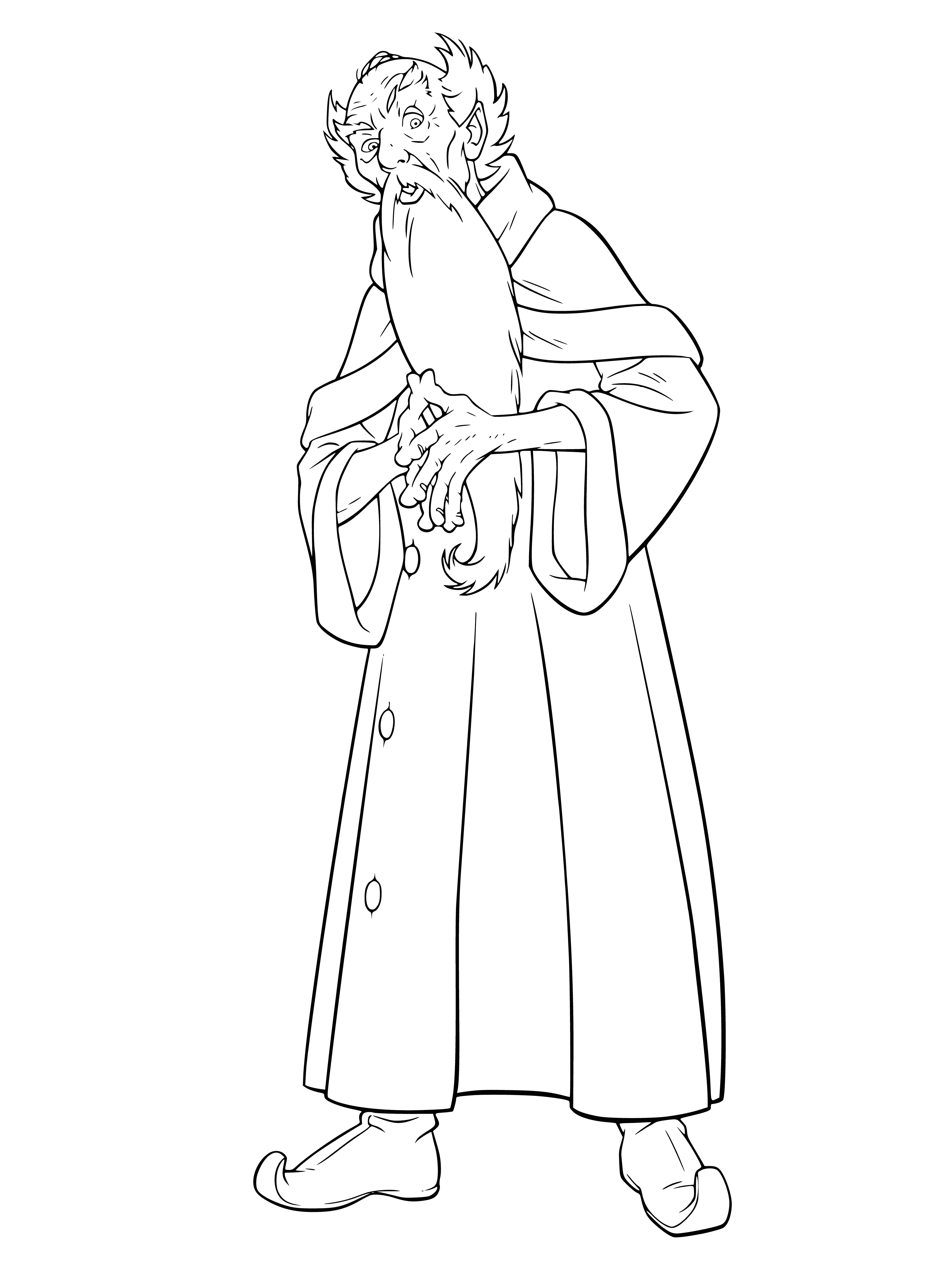 coloring page: Ollivander, an old man with a long, hooked nose and a wand, stands in a dimly lit room with shelves filled with wand boxes.