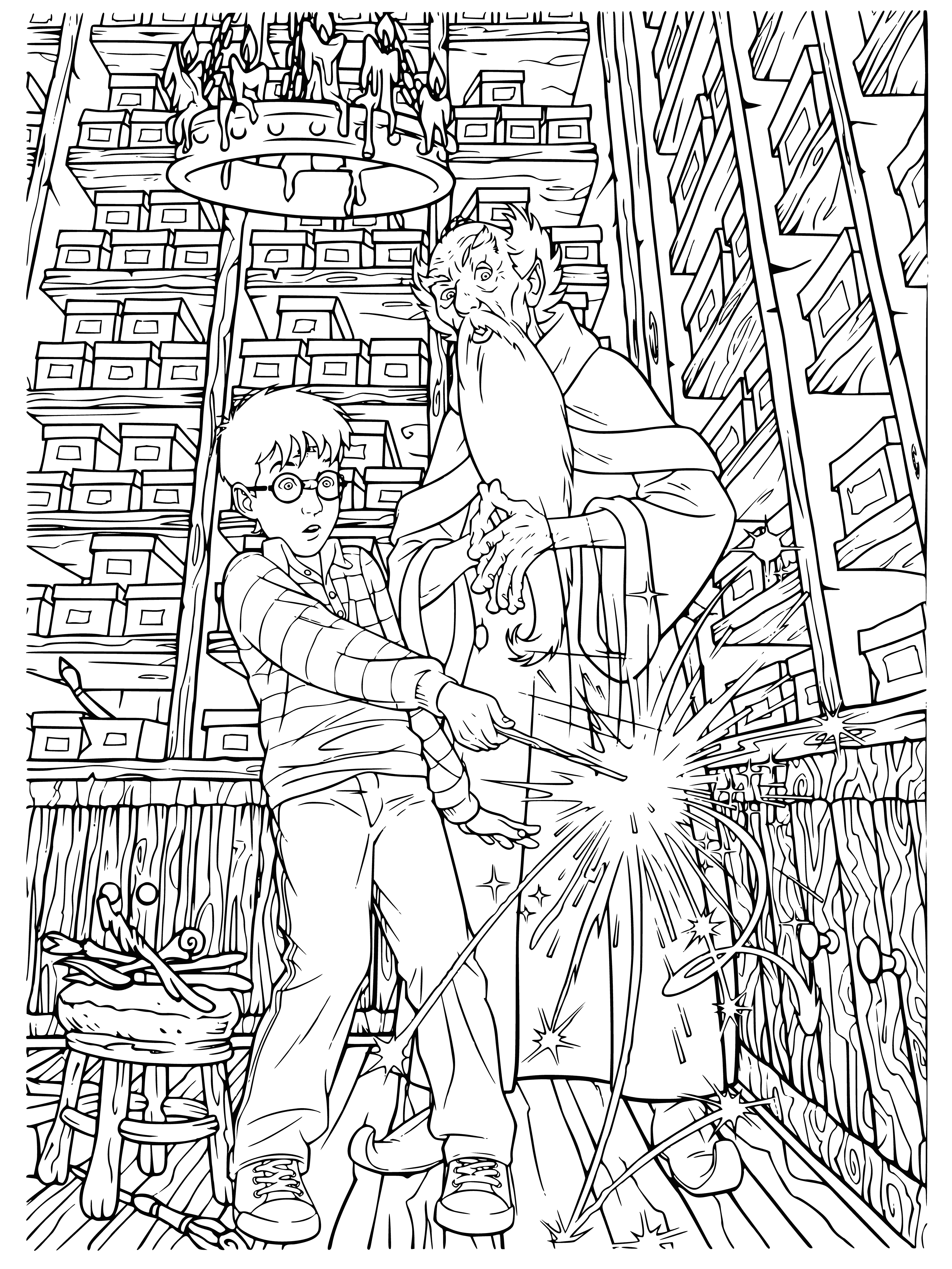 coloring page: Harry Potter stands in a deserted room, wand in hand, intensely concentrating on something.