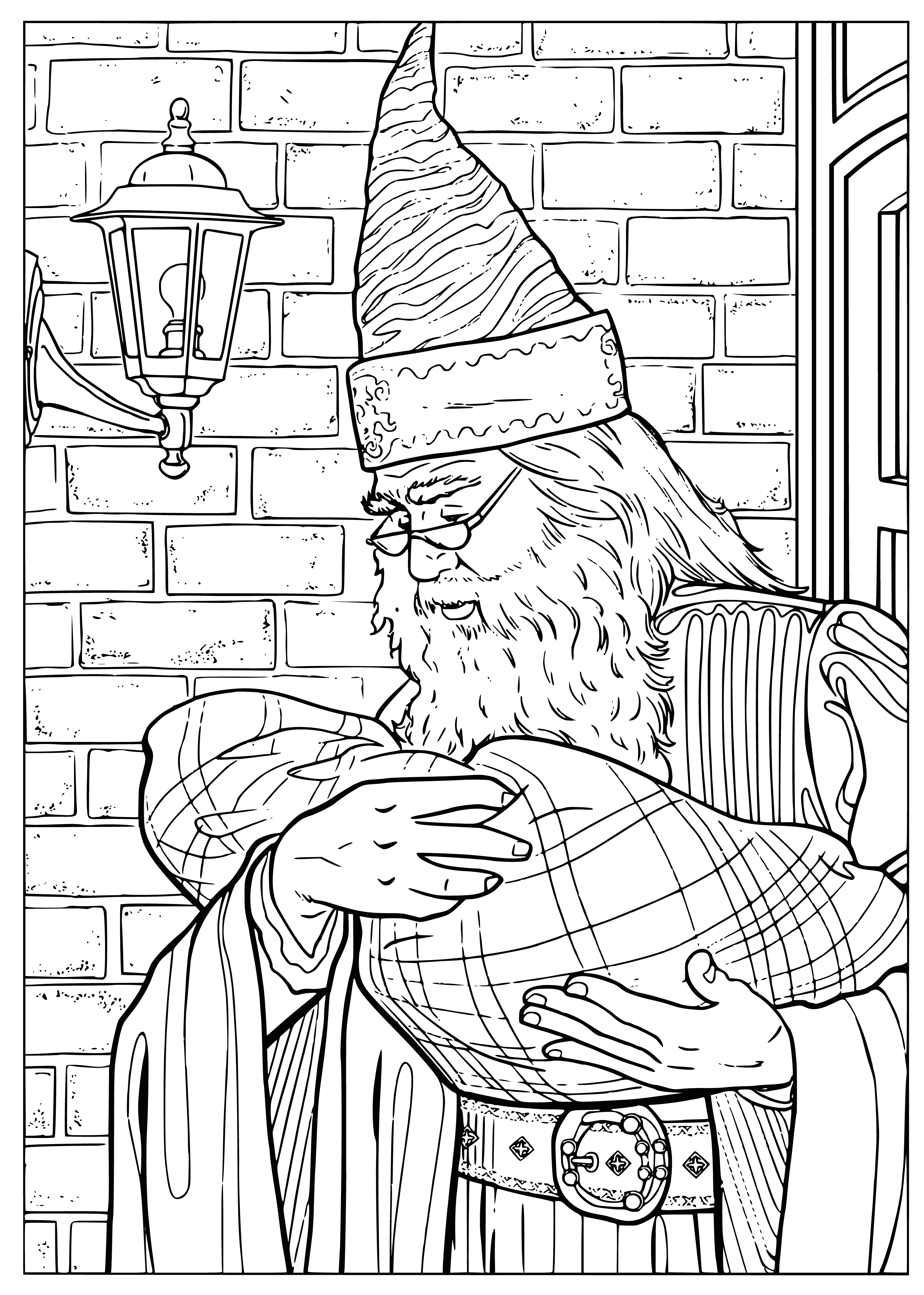 coloring page: Harry and Dumbledore, teens and elder, converse in front of a fireplace. Life-changing words?