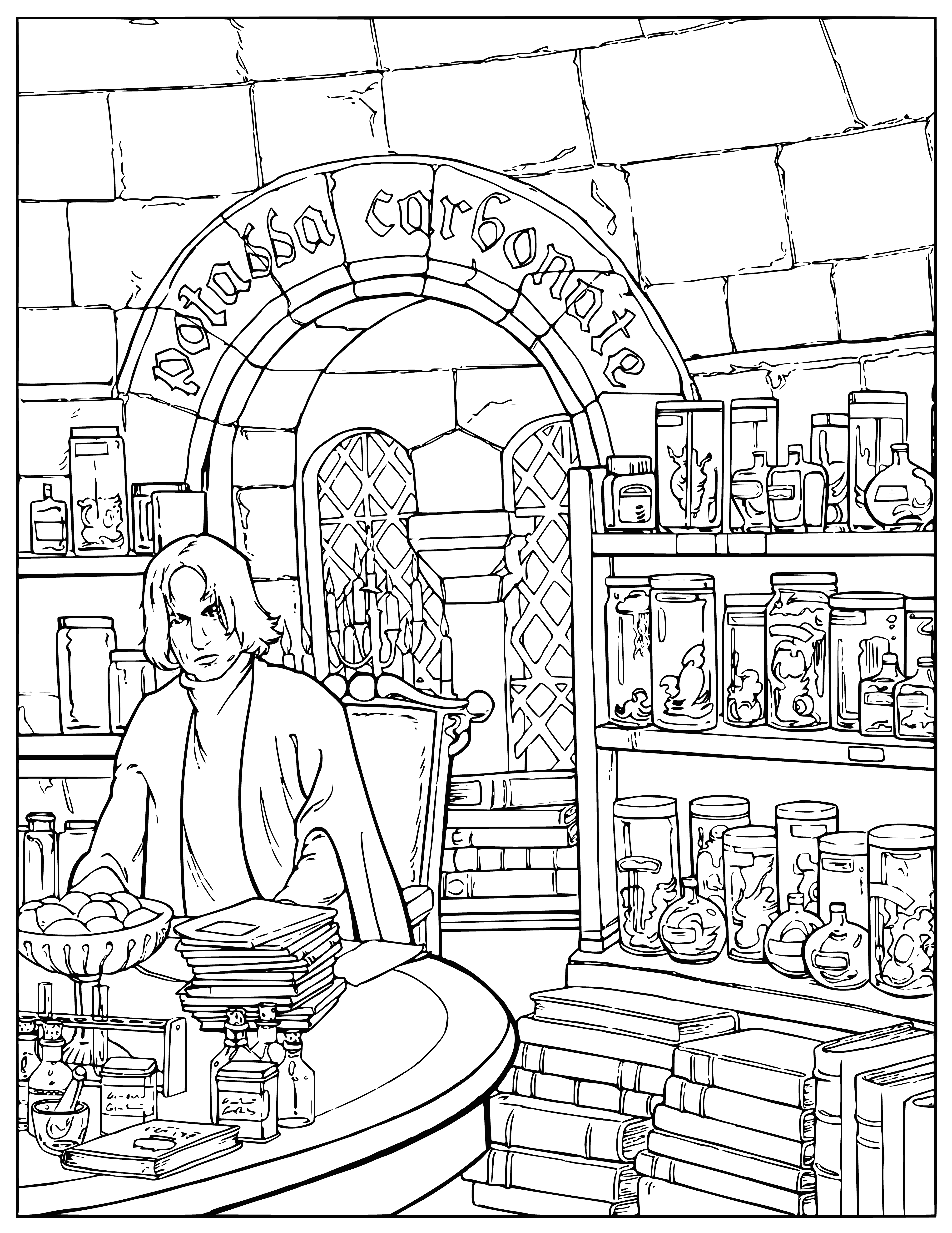 coloring page: Man in black robes stands before beakers and potions, black hair and hooked nose. Holds wand, serious look.