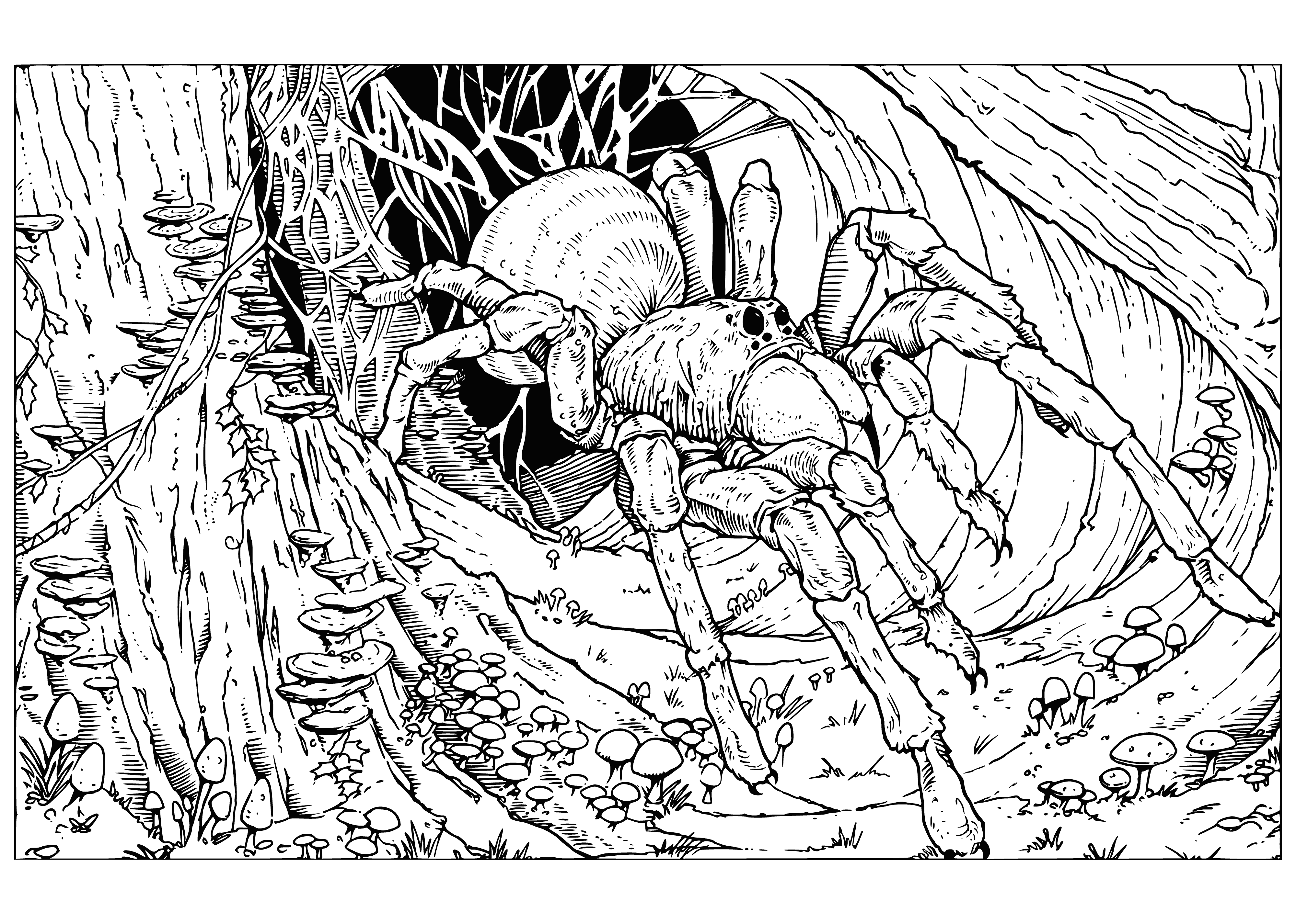 coloring page: A large, hairy, many-eyed spider crouches in a web with little spiders around in Aragog's lair in Harry Potter. #magicalcreature