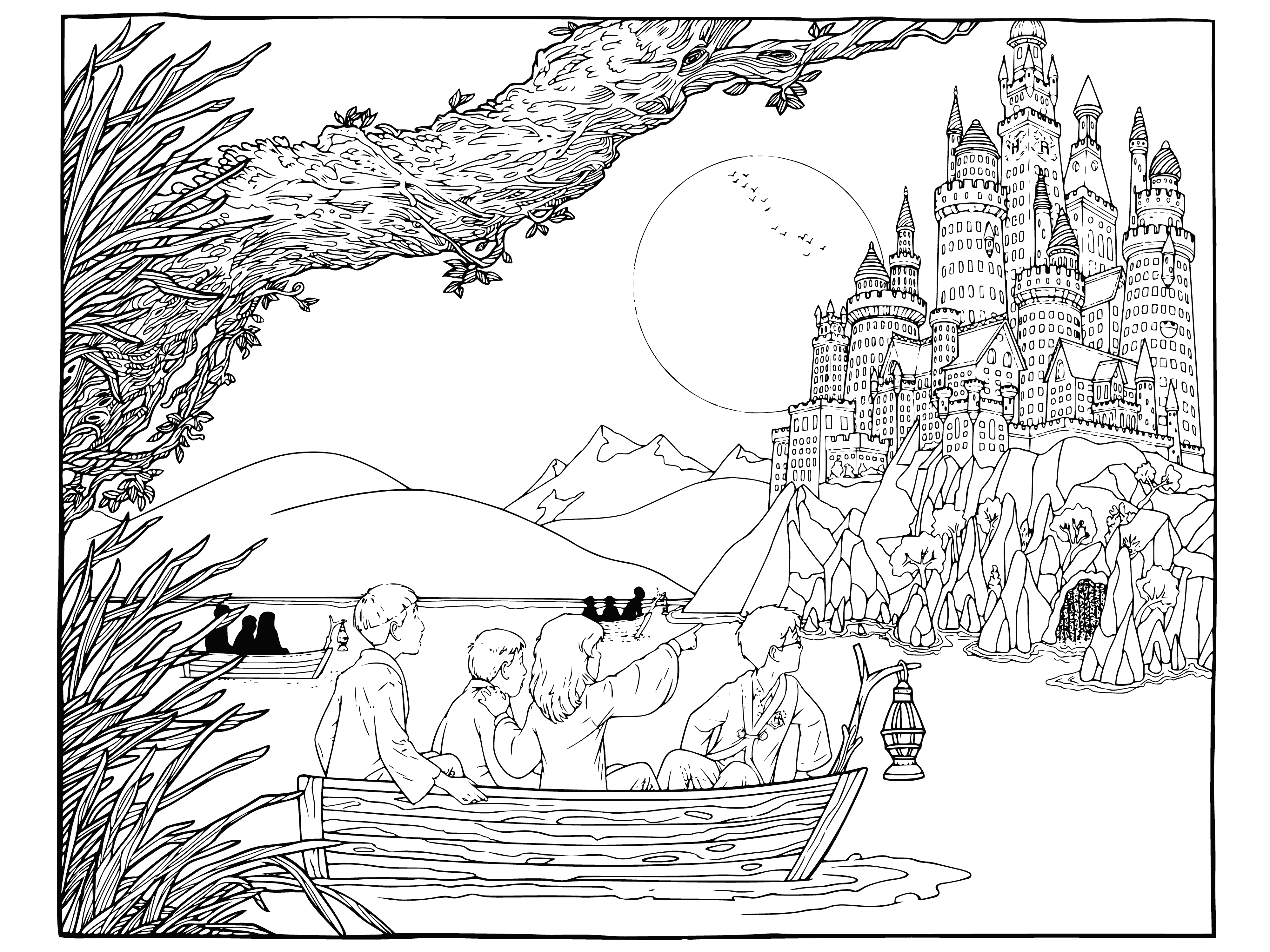 coloring page: Wizarding school Hogswart offers four houses, each represented by an animal, hidden in a Scottish forest.