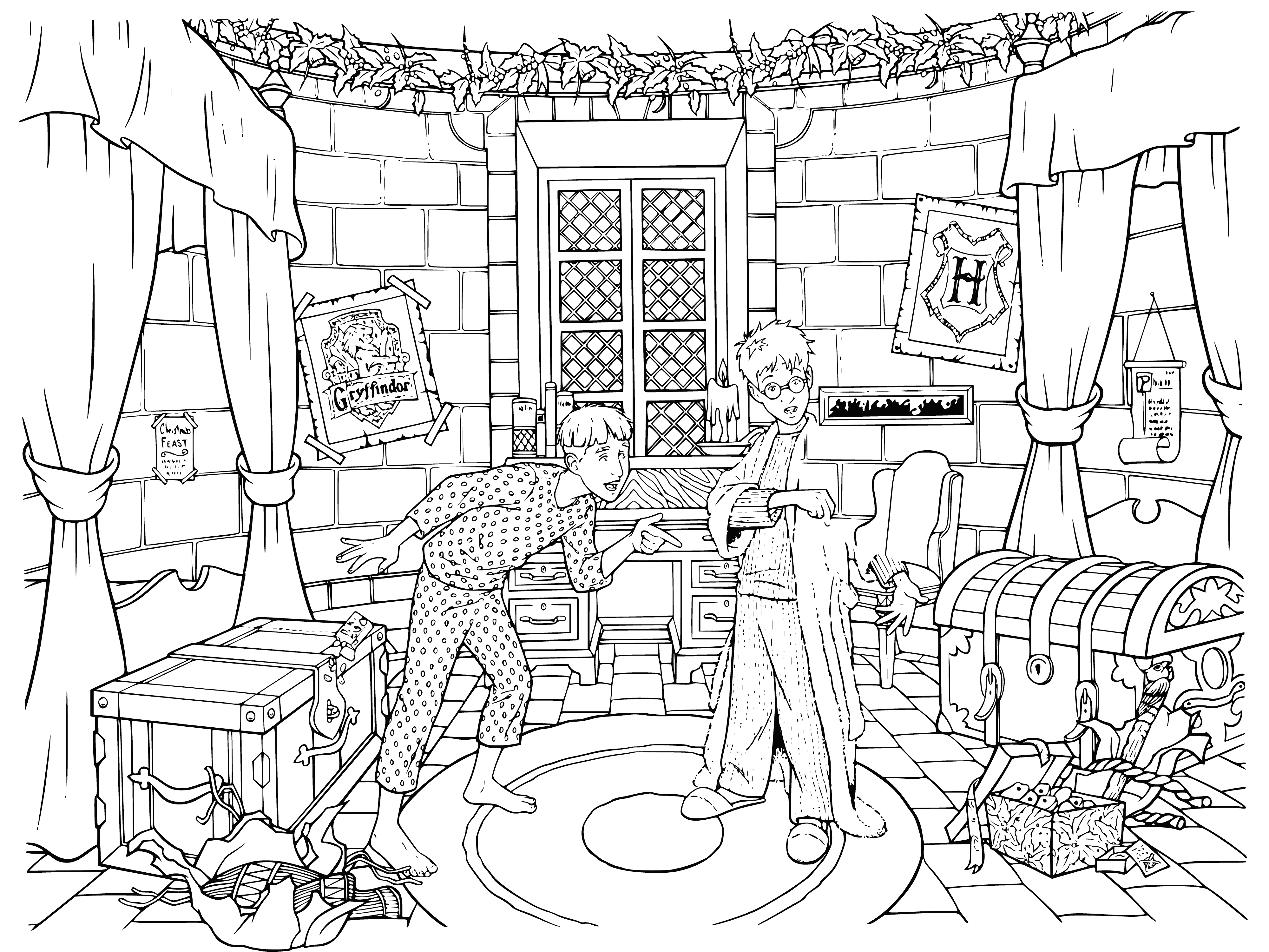 Harry Potter trying on the Invisibility Cloak coloring page