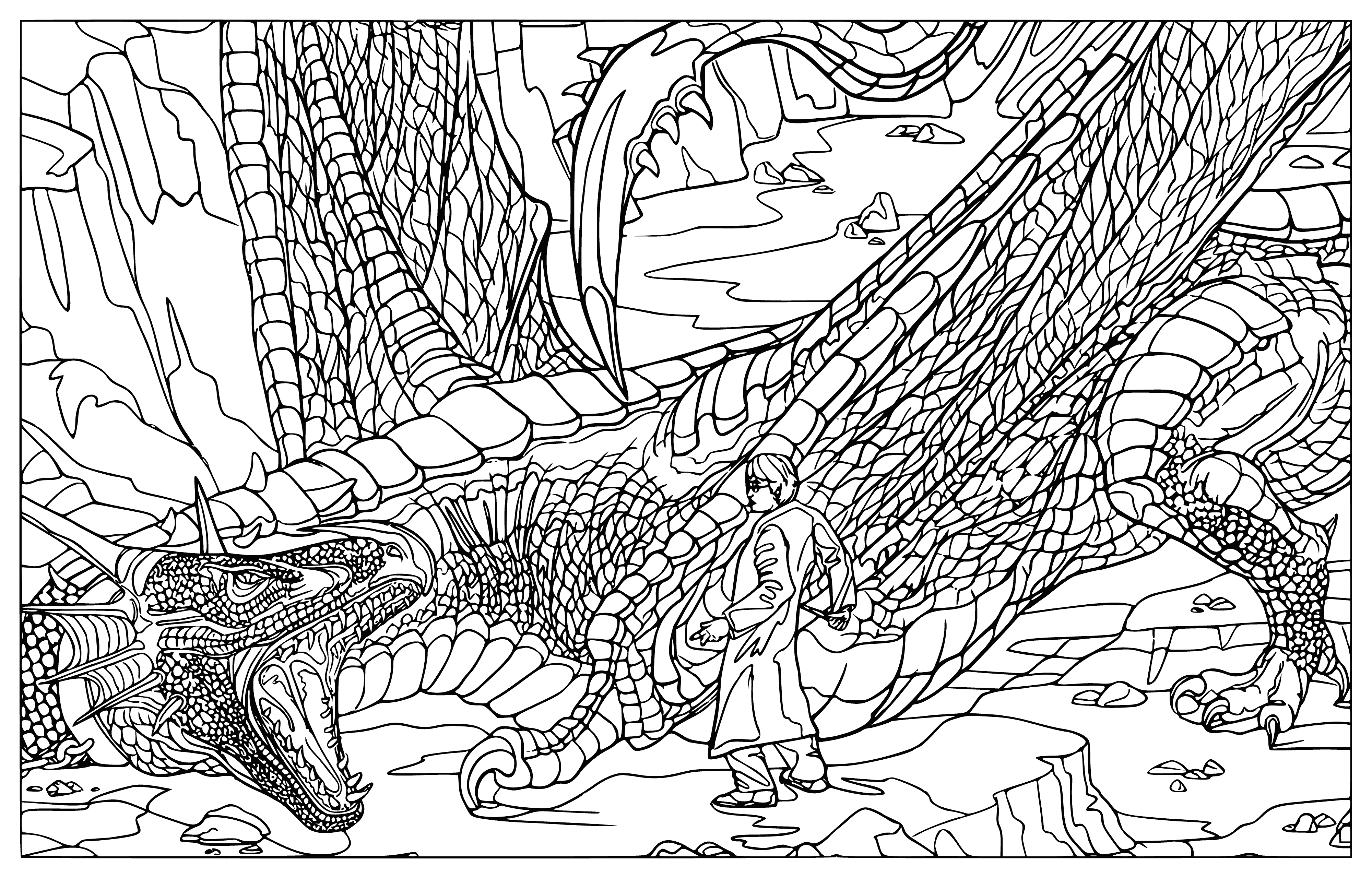 coloring page: Harry and dragon battle – both Blast-Ended Skrewts. Red dragon vs. wand-wielding Harry.