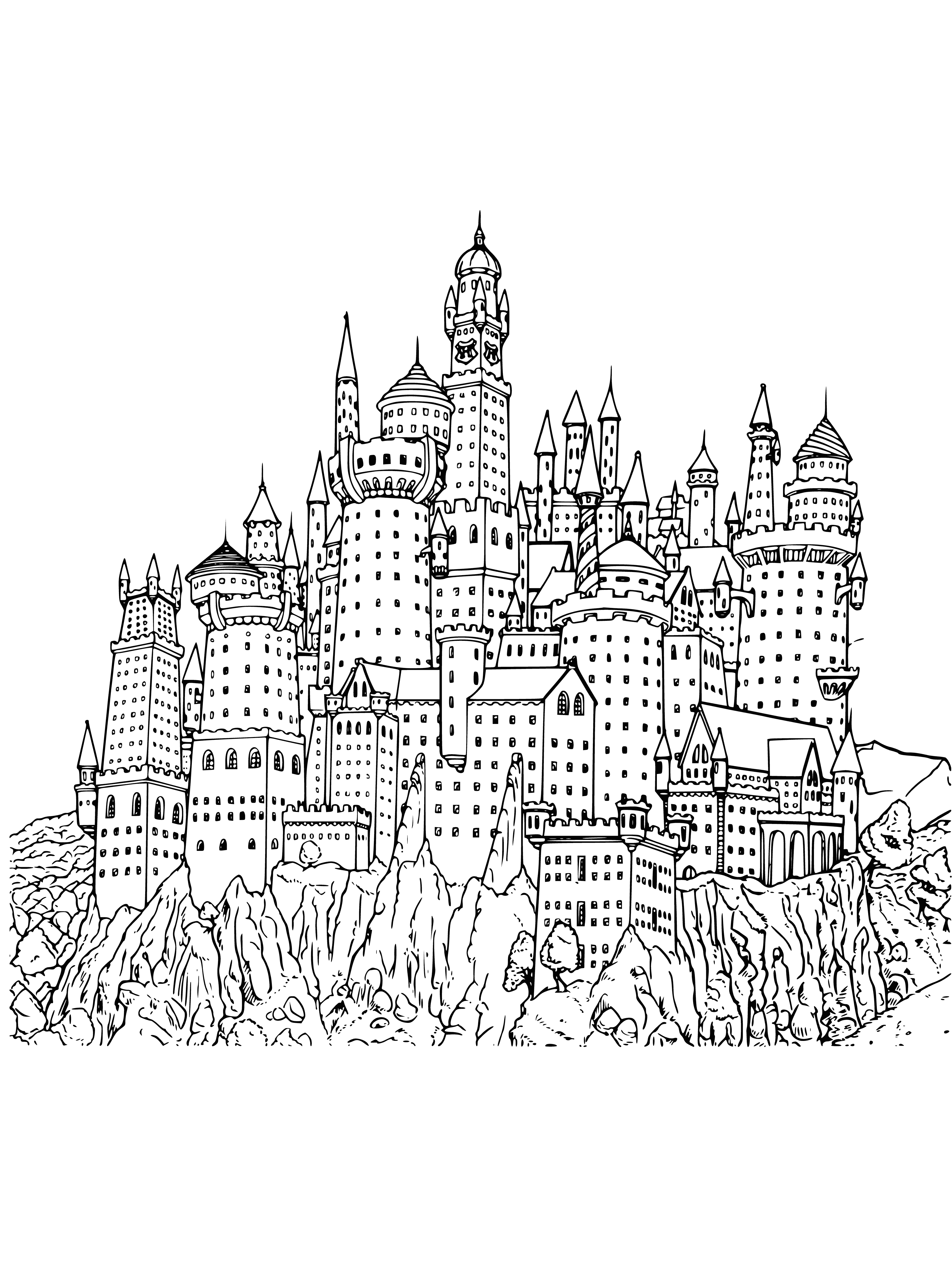 coloring page: Hogwarts Castle is a large castle with towers, turrets, a courtyard, a lake, and many students and teachers. #harrypotter