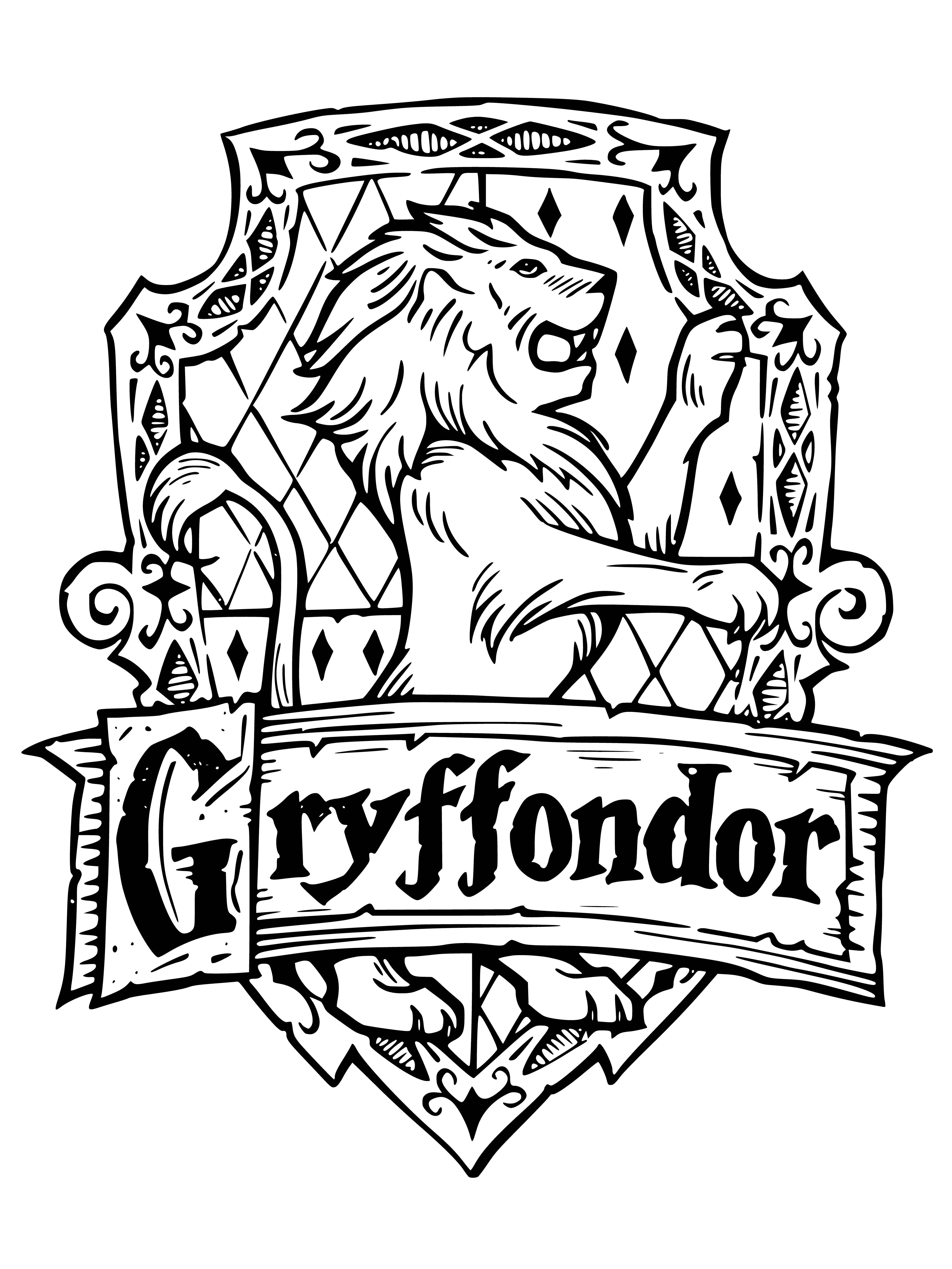 coloring page: Harry Potter's Gryffindor house has a gold lion with a red mane and a silver sword with a gold handle on their coat of arms.