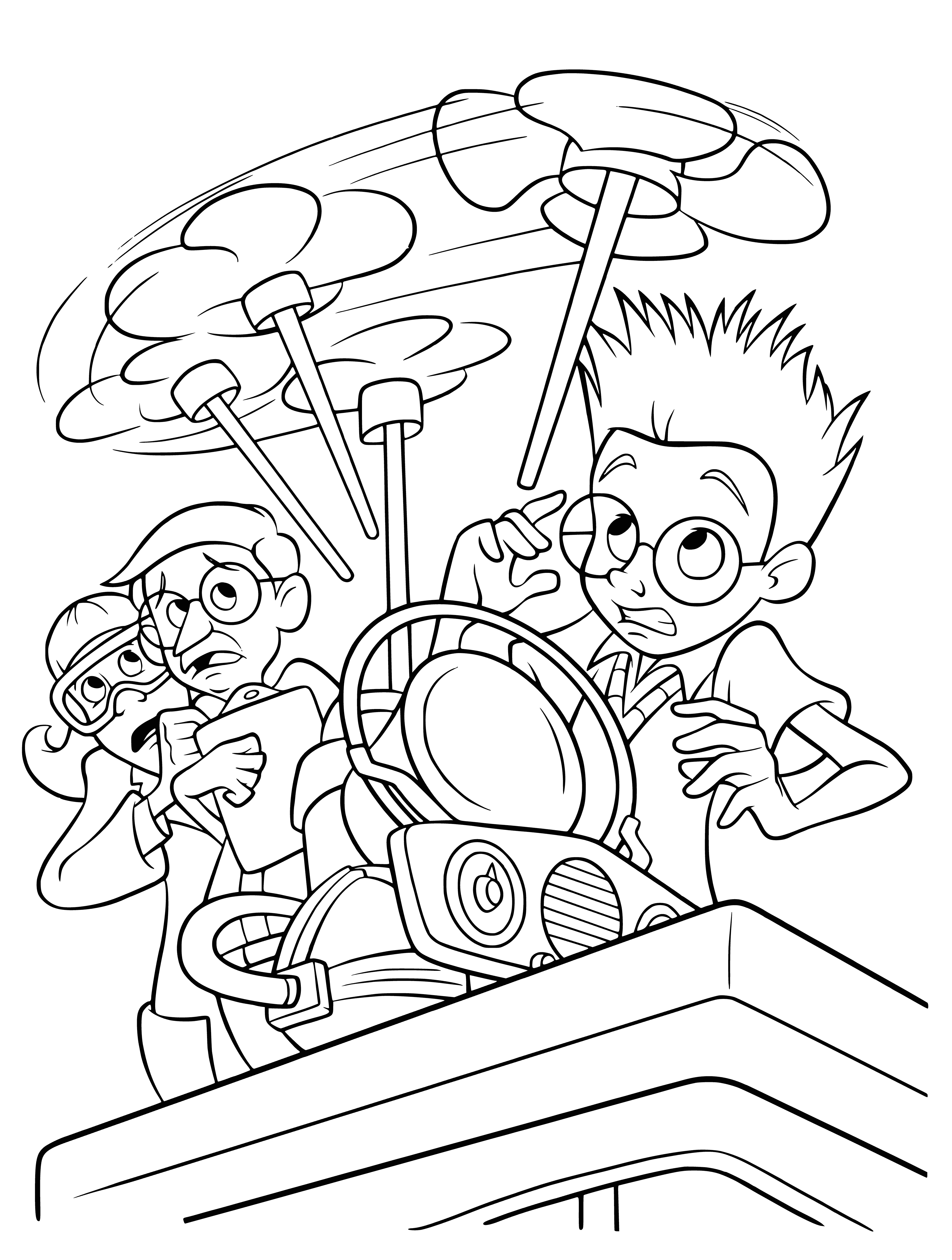 coloring page: Wilbur Robinson attempts to mend a machine, but finds it tough in scene from Meet the Robinsons.