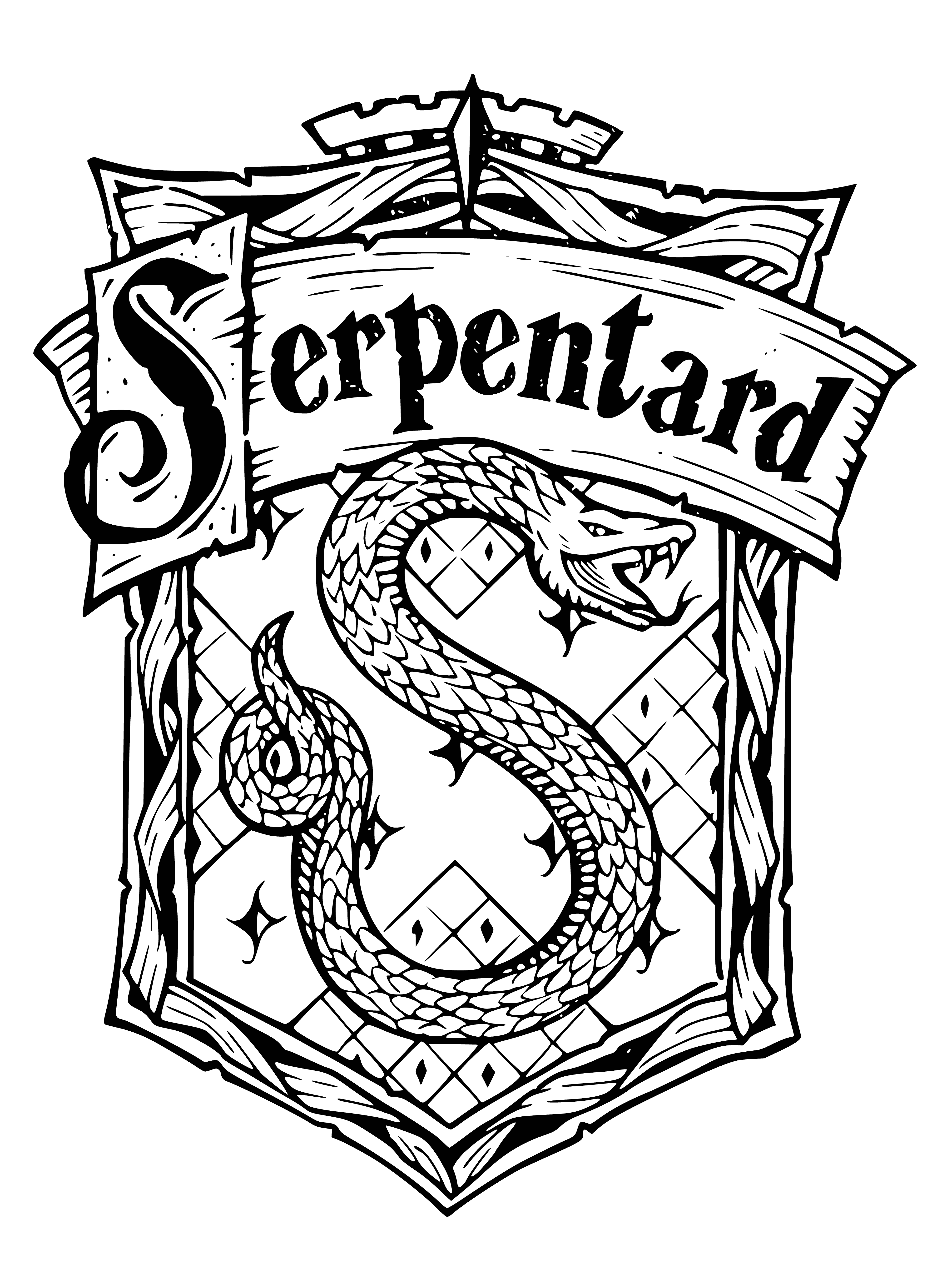 coloring page: Slytherin coat of arms is green/silver, divided into 4 quadrants, snake in center of shield, motto: "Slytherin Will Prevail".