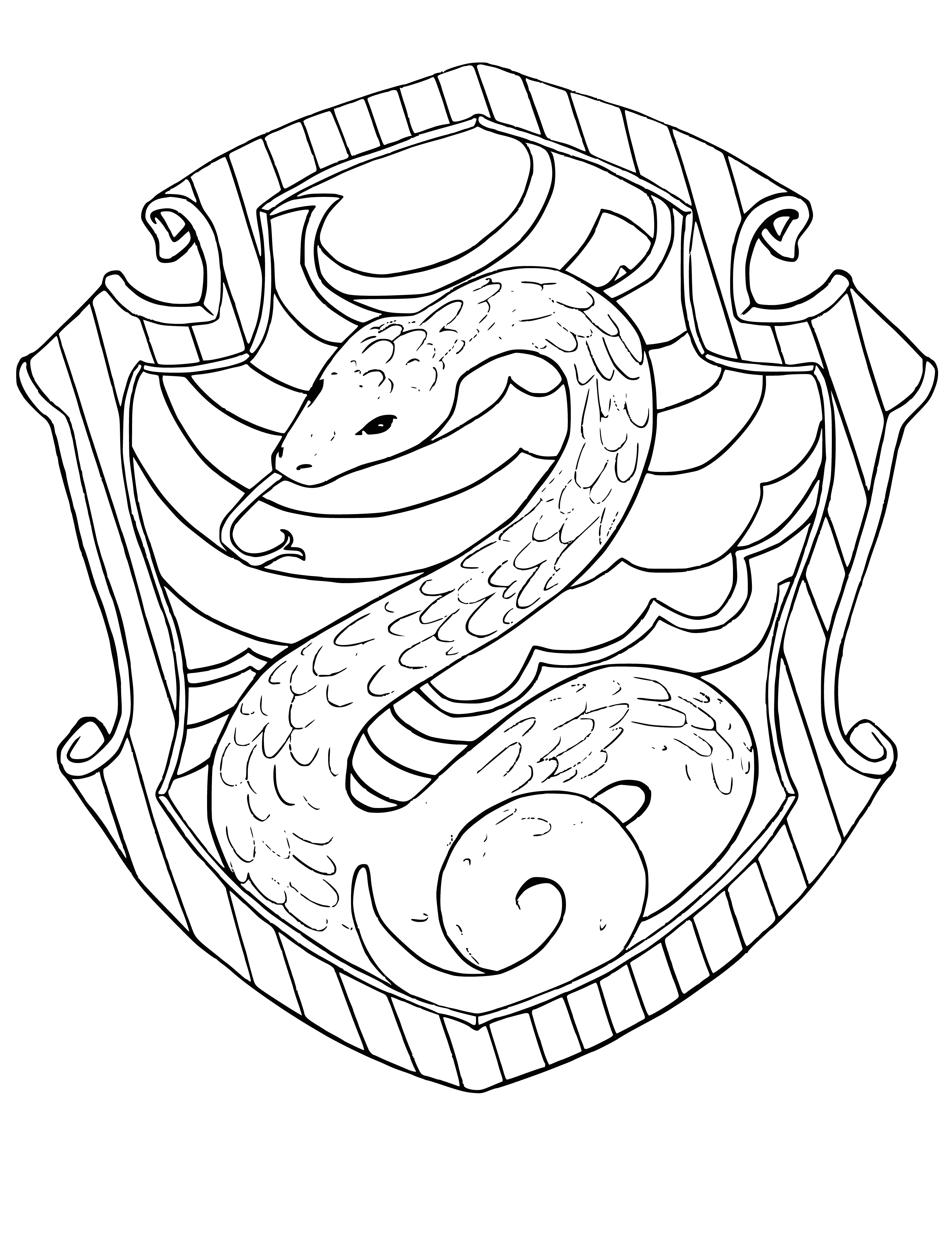 coloring page: Green snake on silver background shows sharp teeth, symbolizing power and protection.