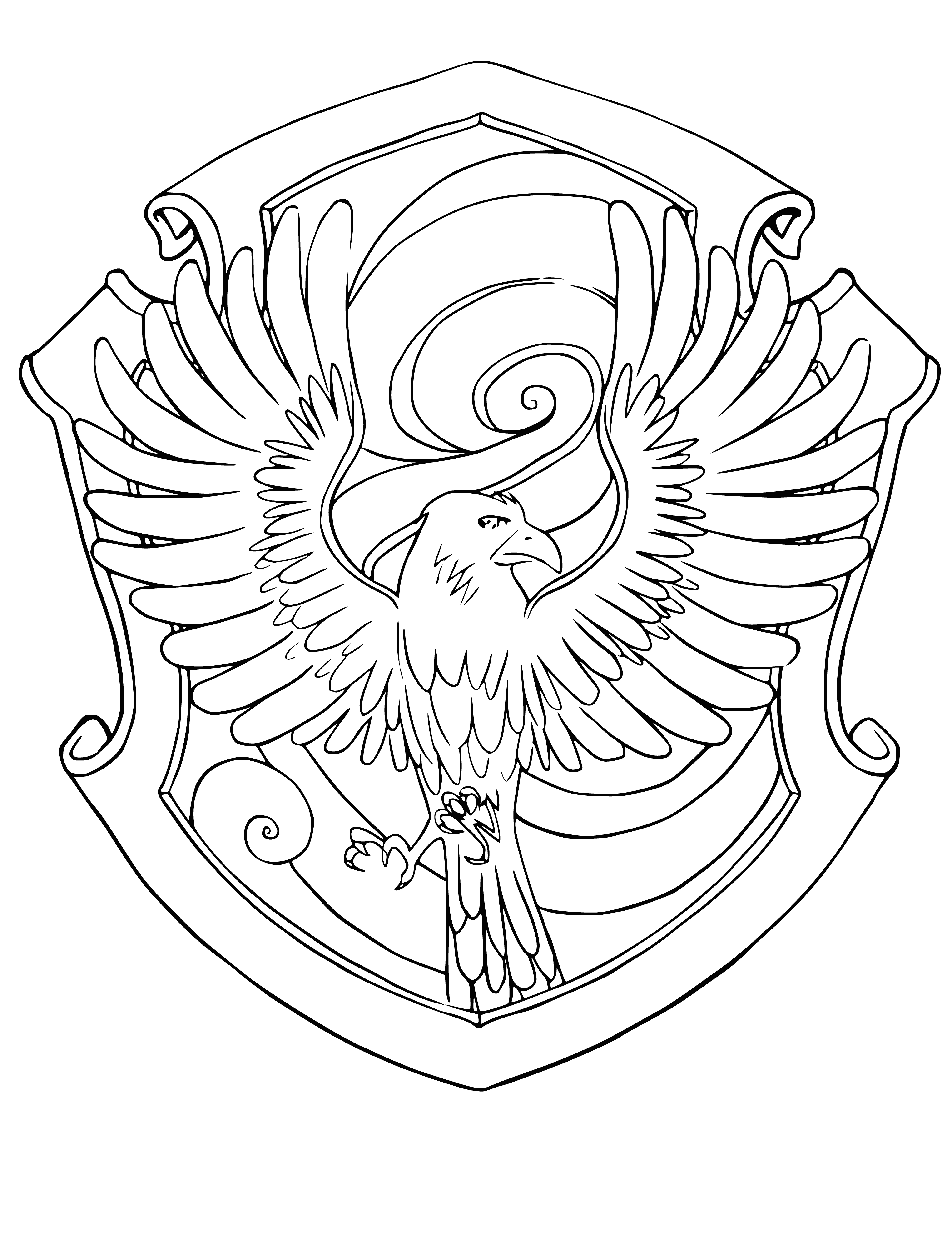 coloring page: Ravenclaw Faculty Emblem is silver badge shaped like a raven w/ wings spread & beak open. Silver scroll has "Ravenclaw" written on it.