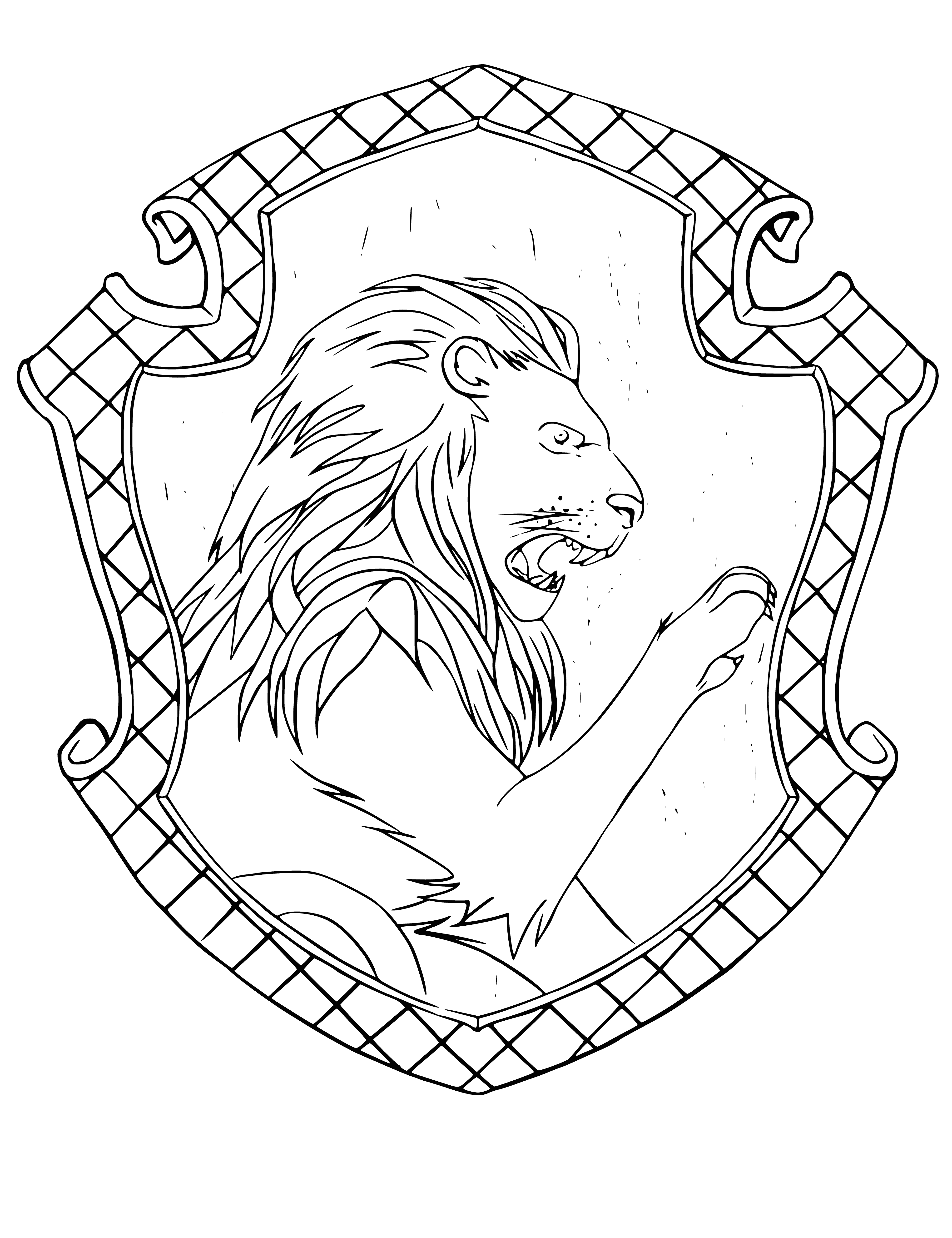 coloring page: Emblem of Gryffindor House is a lion in pounce position atop a wizard-emblazoned shield, with four stars above. #HarryPotter