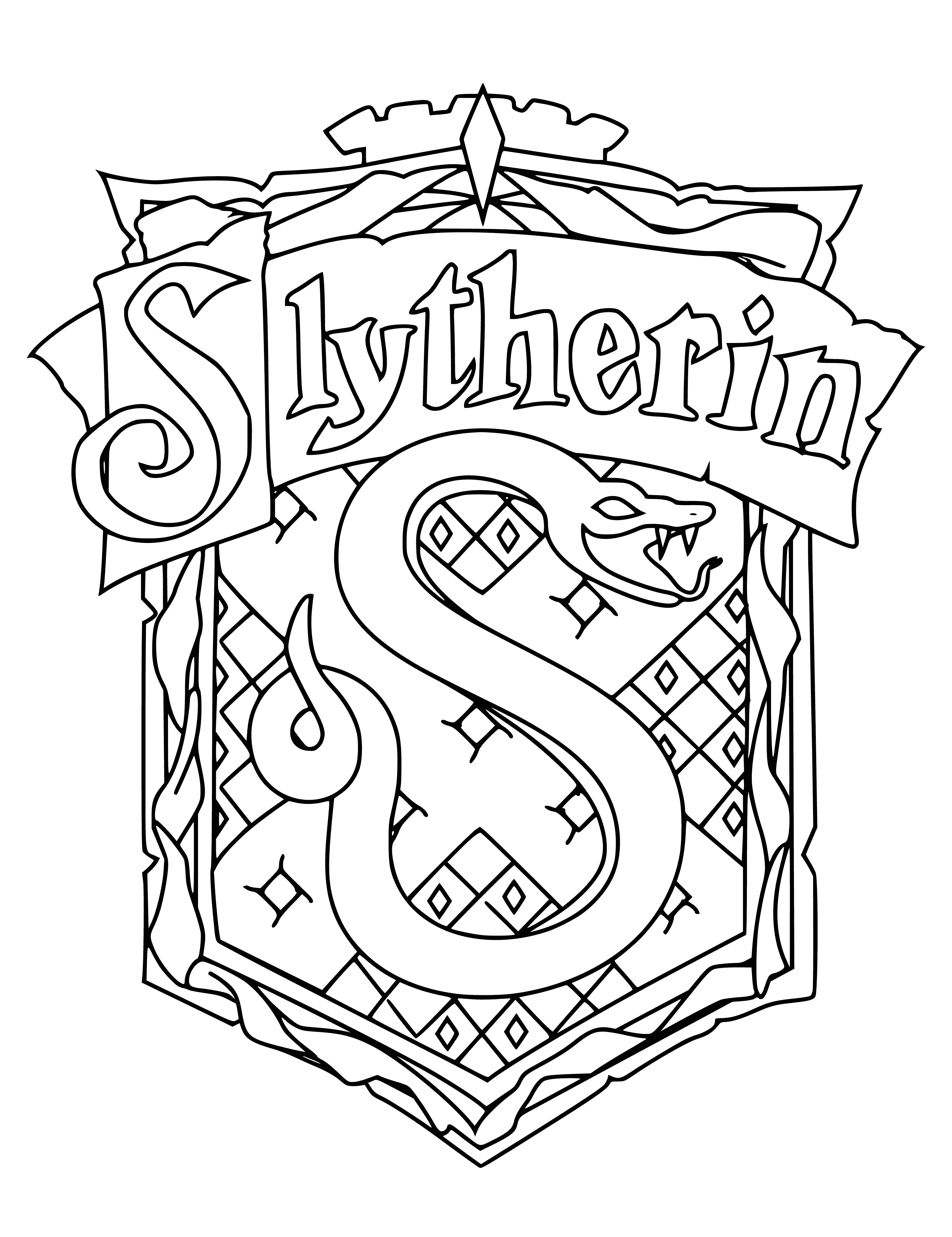 coloring page: Slytherin house crest is a shield w/ green snake coiled around sword mouth open, tongue out, X form'd by sword & two crossed silver daggers beneath.
