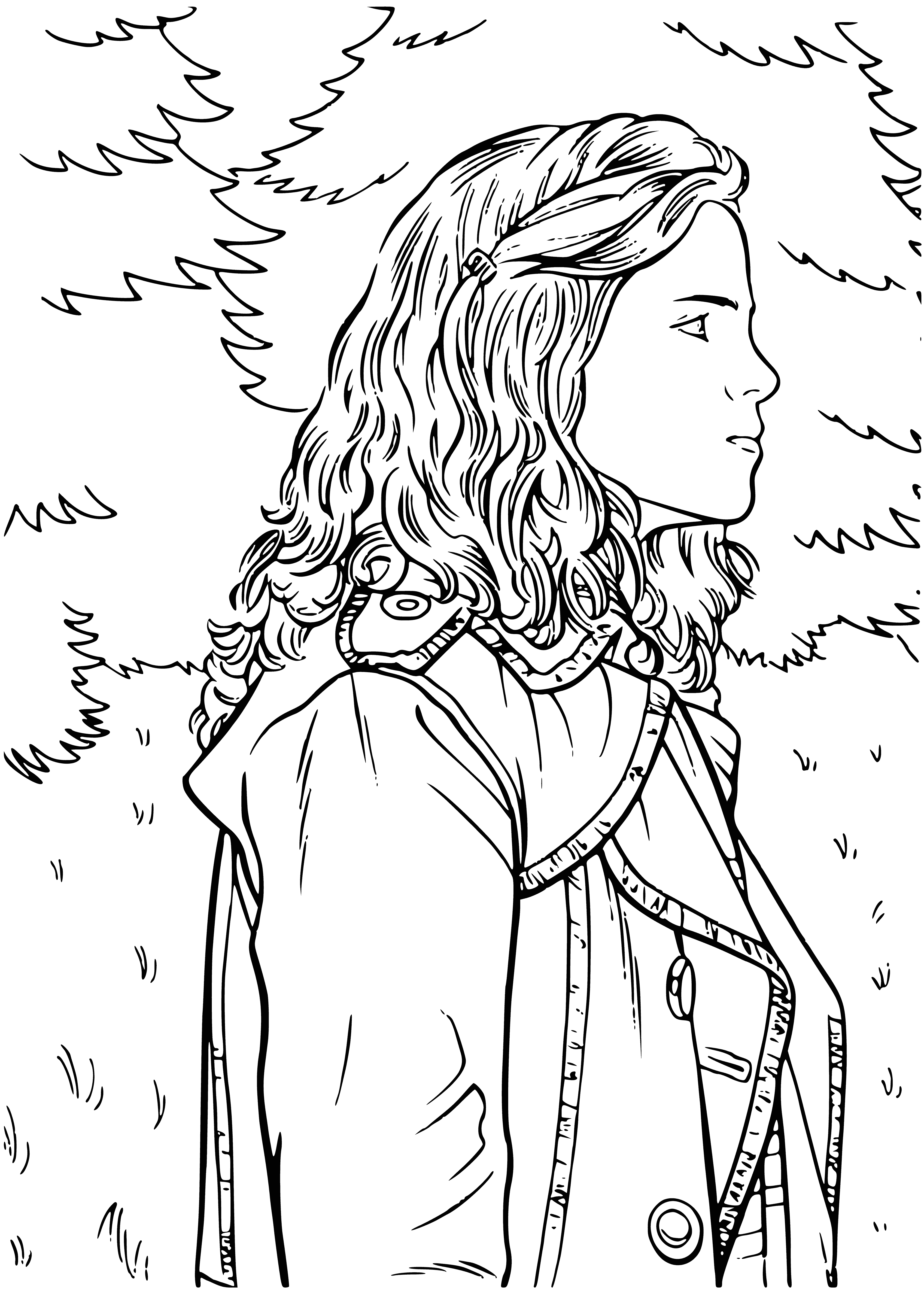 coloring page: Harry & Hermione determined, hands clasped, intense gaze; mysterious haze behind them. #friendship #harrypotter