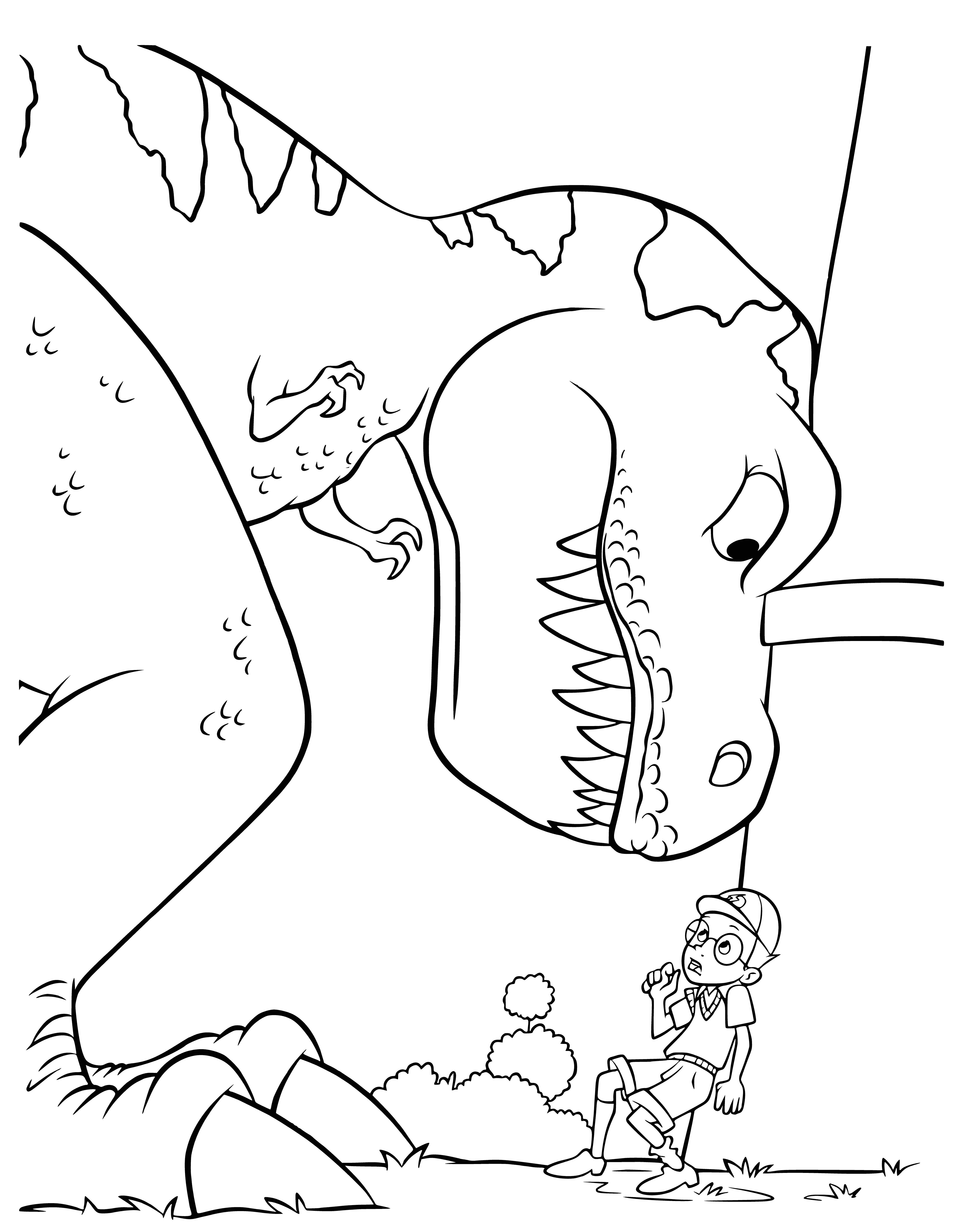 coloring page: Large green dinosaur: long neck, small head, scales, long tail, two legs, short stubby arms.