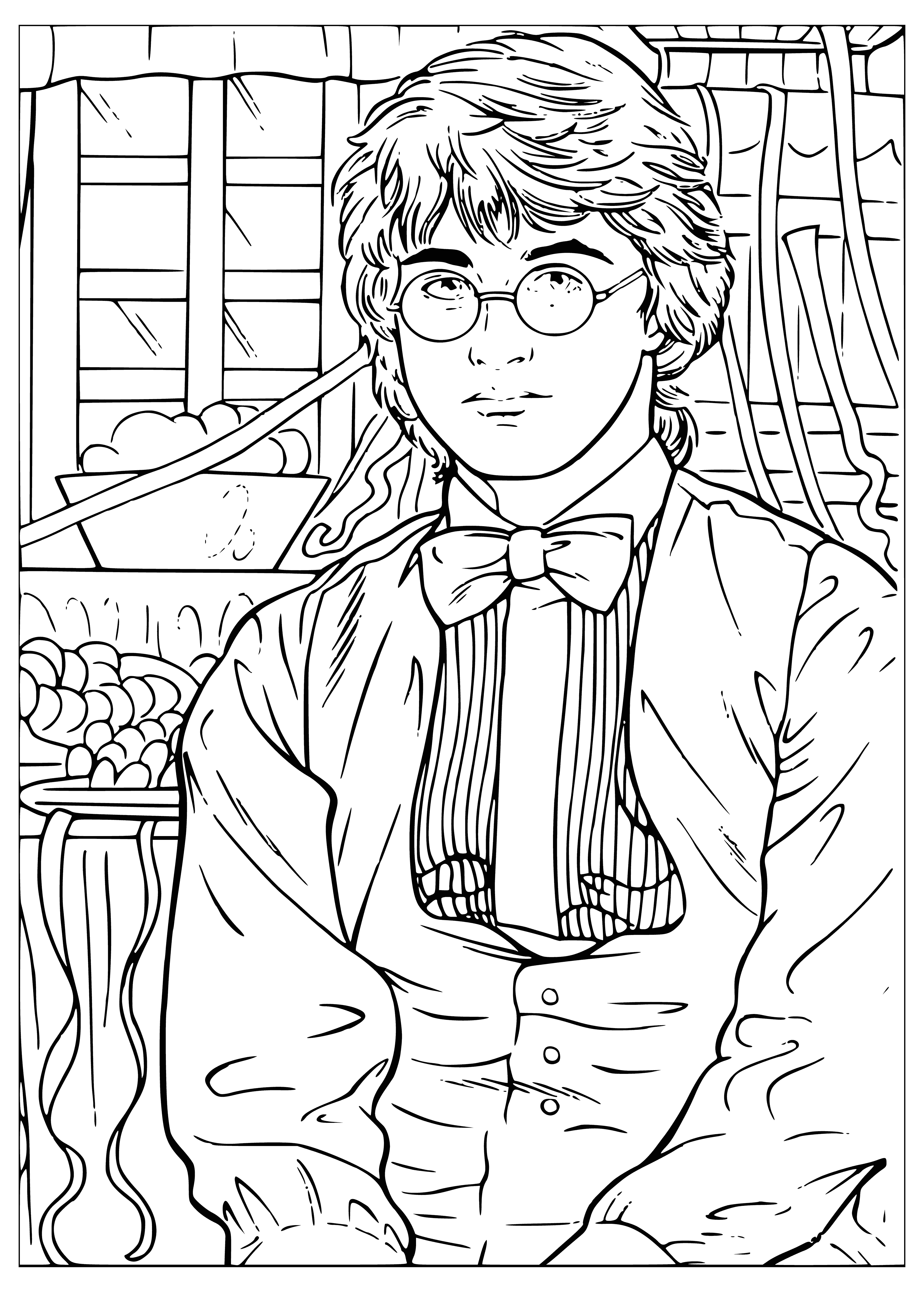 coloring page: A young boy with a lightening bolt scar on his forehead stands in front of Platform 9 3/4, ready for an adventure.